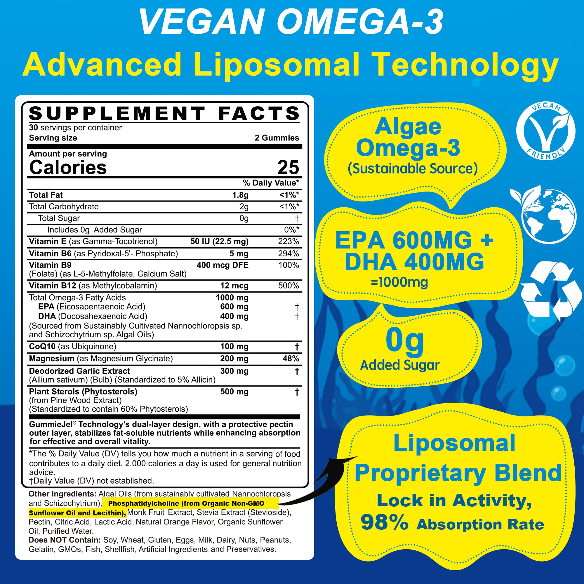 Omega-3 Gummies + CoQ10+ Magnesium- EPA 600mg & DHA 400mg, Fish Oil Omega 3 Supplements Alternative for Women Men Adults - from Vegan Algae Oil- Liposomal Form - with Plant Sterols, Garlic, Sugar Free — Amazon image 2