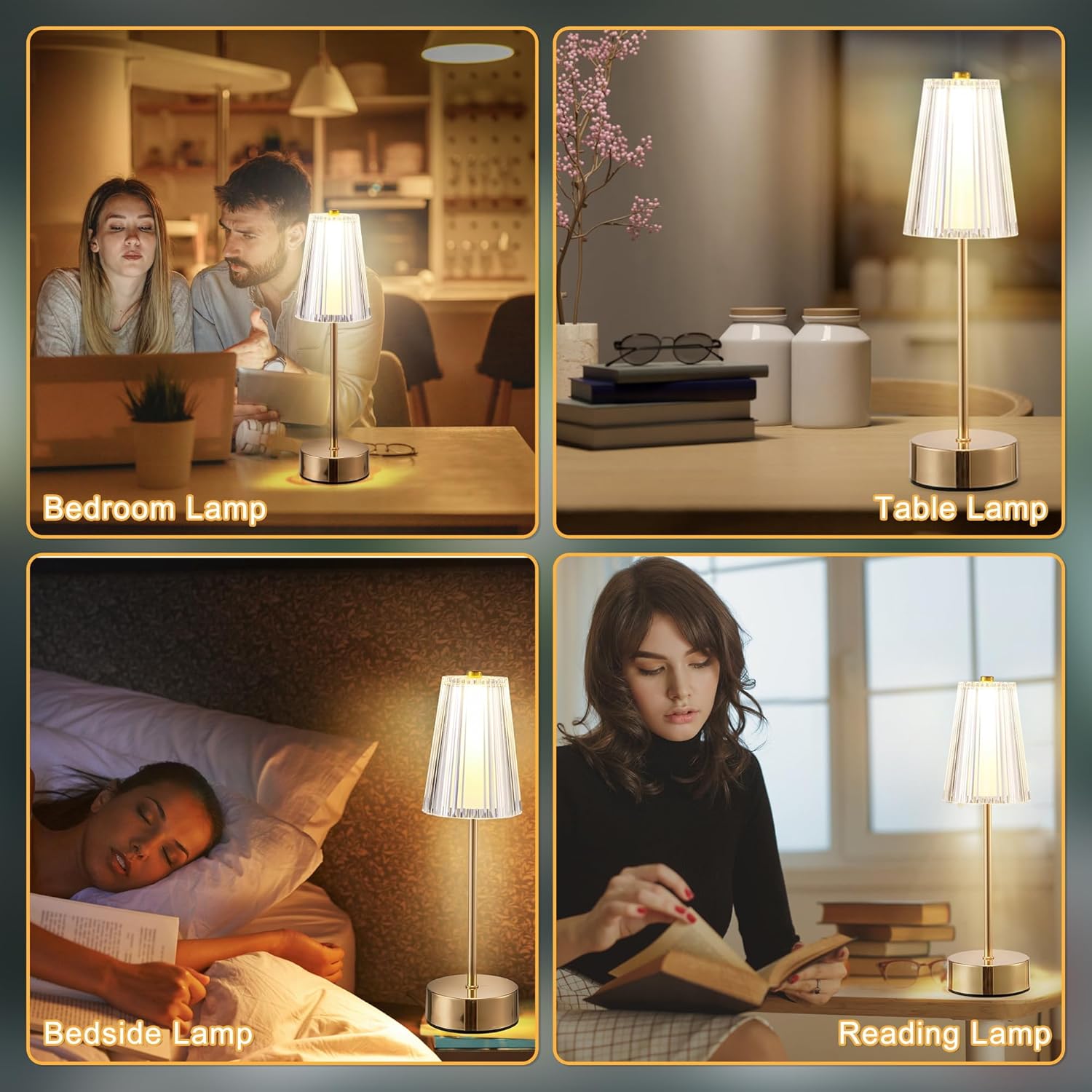 Idong Cordless Rechargeable Table Lamp, Portable Touch LED Desk Lamps, 5200mAh Battery Operated 3 Color Stepless Dimming, Small Wireless Metal Crystal Lamp for Bedside Bedroom Outdoor Restaurant Patio