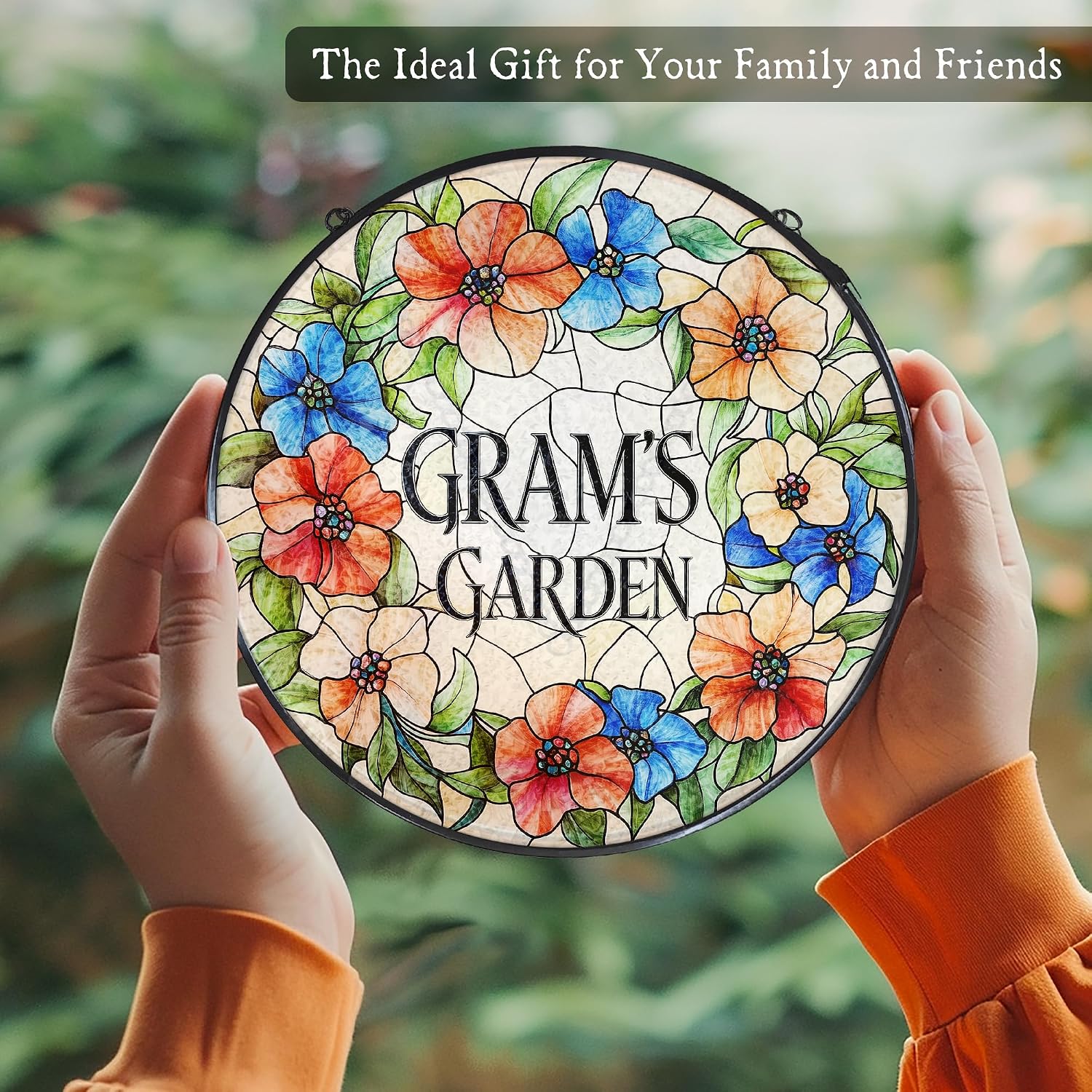Gram's Garden Floral Stained Glass Window Hanging Suncatcher for Grandma, Gram Grandma Gifts Sun Catcher Wall Hanging Decoration for for Mothers Day Christmas Birthday, 7.8 x 7.8 in