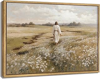 Framed Jesus Canvas Wall Art Jesus Walking In Field Painting Rustic Chri...