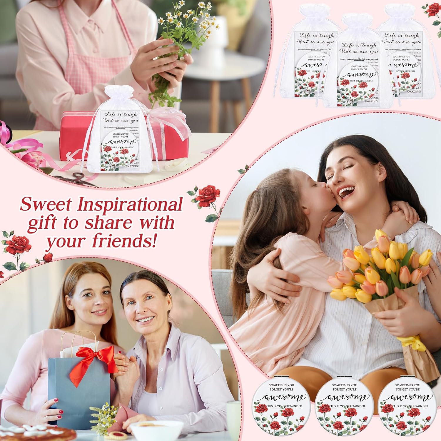 Geetery 12 Sets Inspirational Compact Mirror Bulk Gift for Women Mini Double Sided Folding Mirror with Card Employee Appreciation Gift for Nurse Social Coworker Teacher Volunteer (Rose)