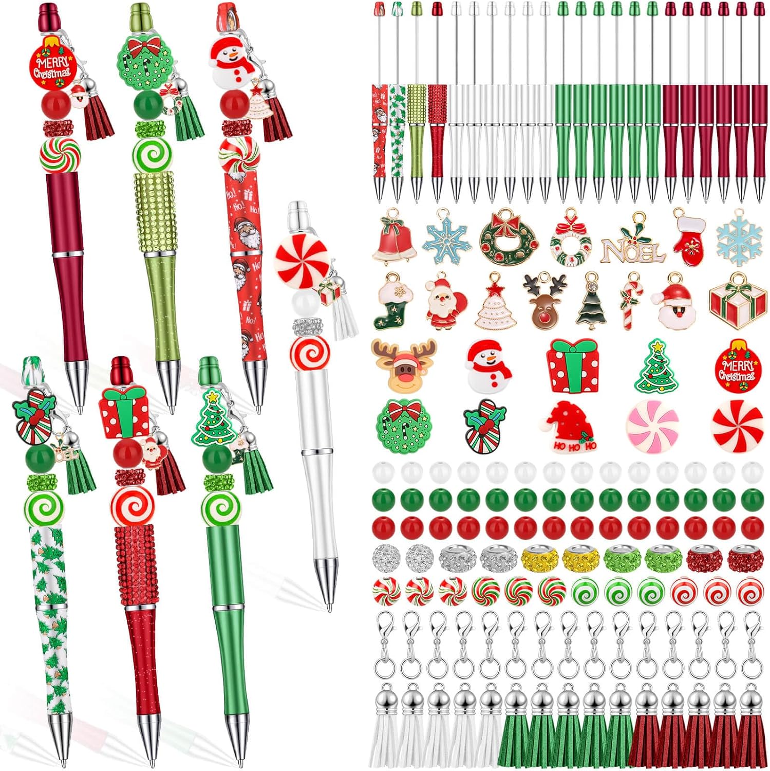 ROADPLUM 22Pcs Christmas Beadable Pens Kit with 122Pcs Colorful Beads 25Pcs Christmas Pendant Charms 15Pcs Tassels and 15Pcs Lobster Clasps, DIY Beaded Pen Gifts
