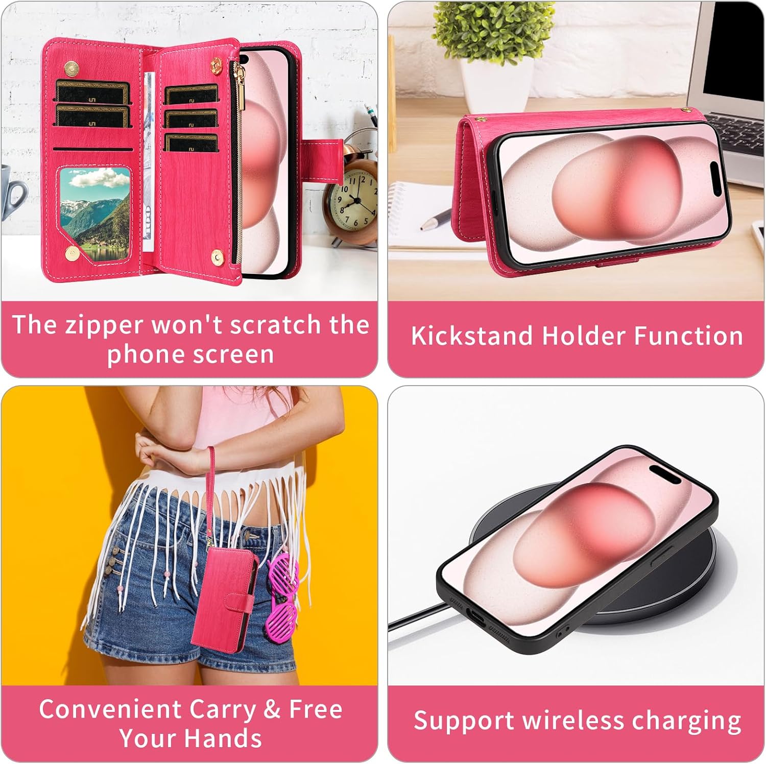 Asuwish Phone Case for iPhone 15 6.1 inch Zipper Wallet Magnetic Detachable Cell Cover with Tempered Glass Screen Protector Crossbody Lanyard Strap Card Holder Slot i Phone15 i15 15Case Women Rose Red