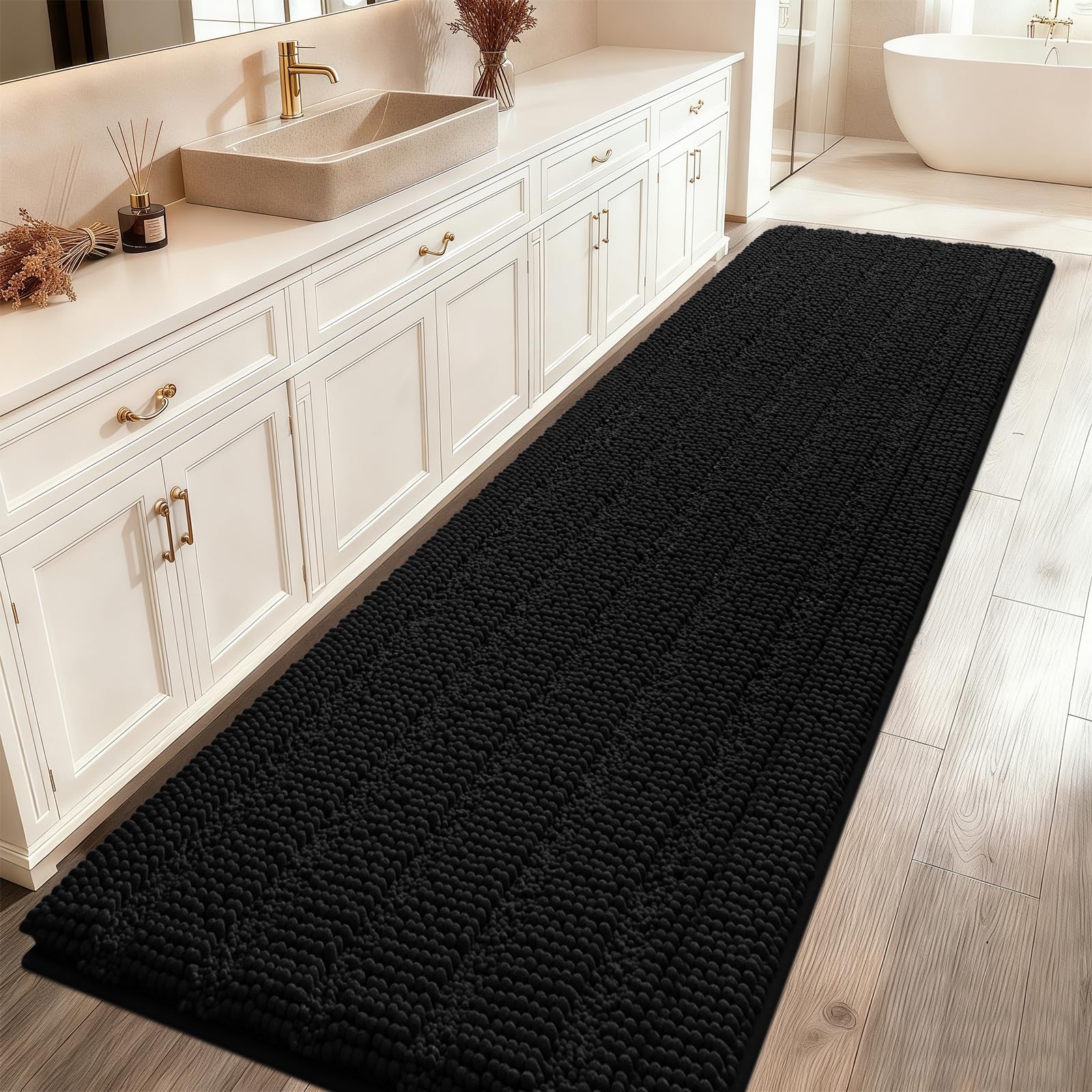 ACCUMTEK Striped Black Bathroom Rug Mat 59"x20" Ultra Soft, Non Slip Chenille Bath Rugs, Absorbent Plush Shaggy Bath Mats for Bathroom, Bedroom,