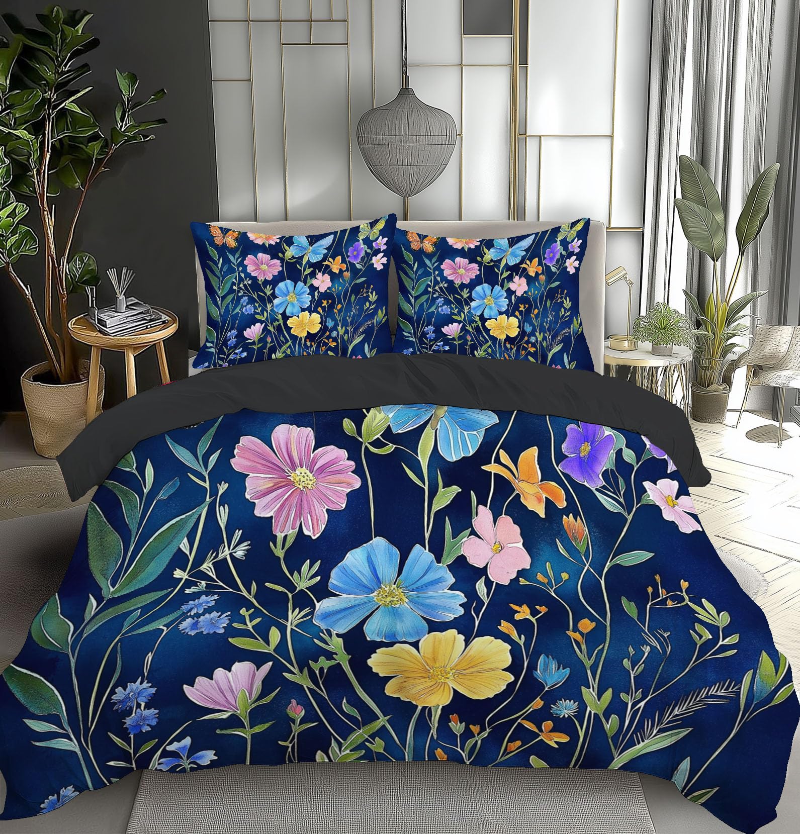 Housse de couette bleu royal 240x260 cm avec motifs fleurs