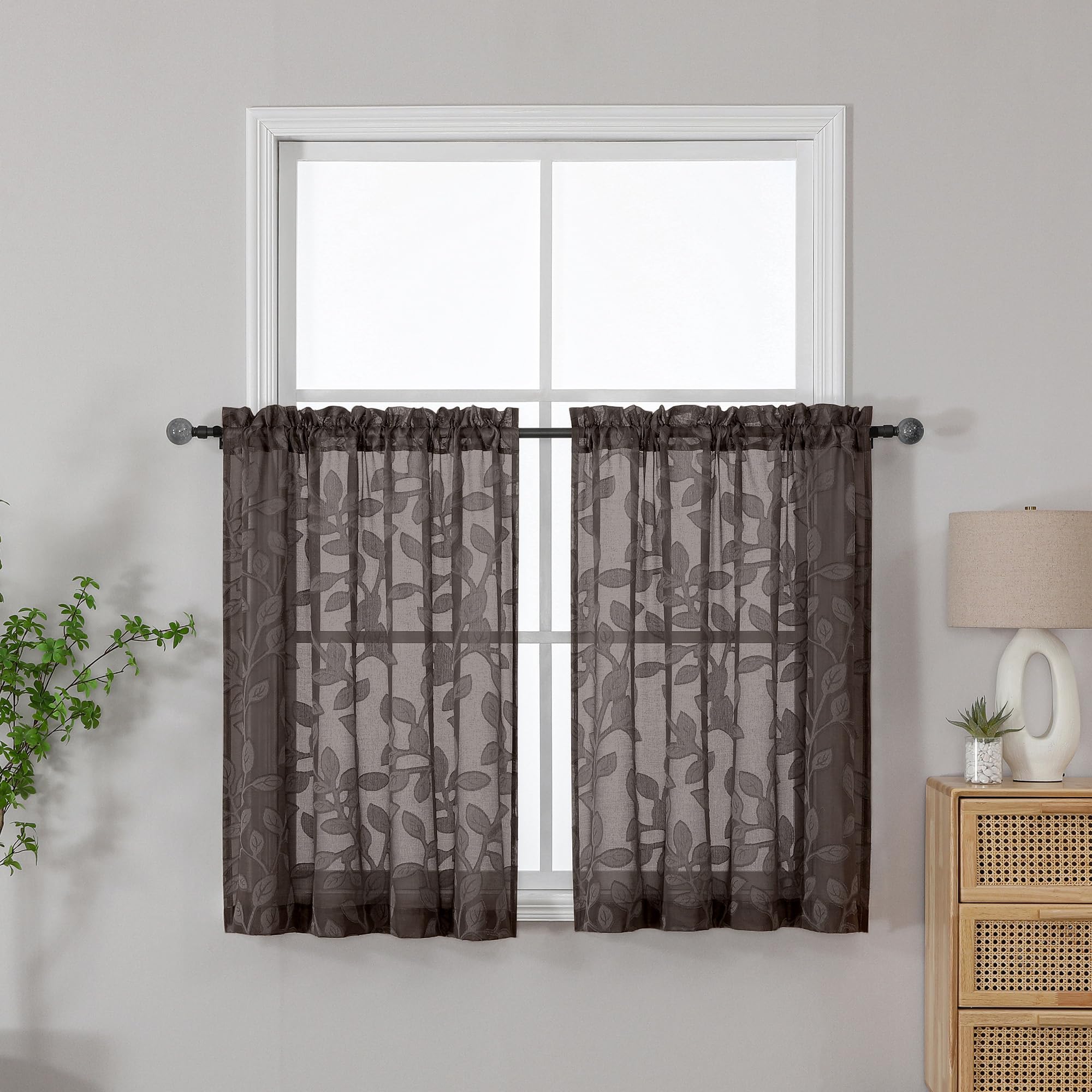 OVZME Brown Transparent Kitchen Curtains, Set of 2, Jacquard with Leaf Pattern, Semi-Transparent and Light-Permeable, Short Curtains for Small Windows in Bathroom/Bedroom, Each Curtain 106.7 x 91.4 cm โ image 1