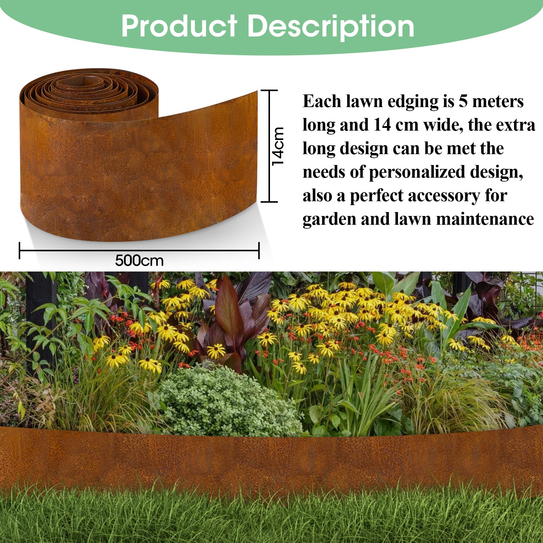 Vehipa Borde de césped de Acero corten, 5 m de Longitud, 14 cm de Altura, Borde de césped de Acero corten, Cinta para Bordes de césped con óxido, Incluye 1 par de Guantes
