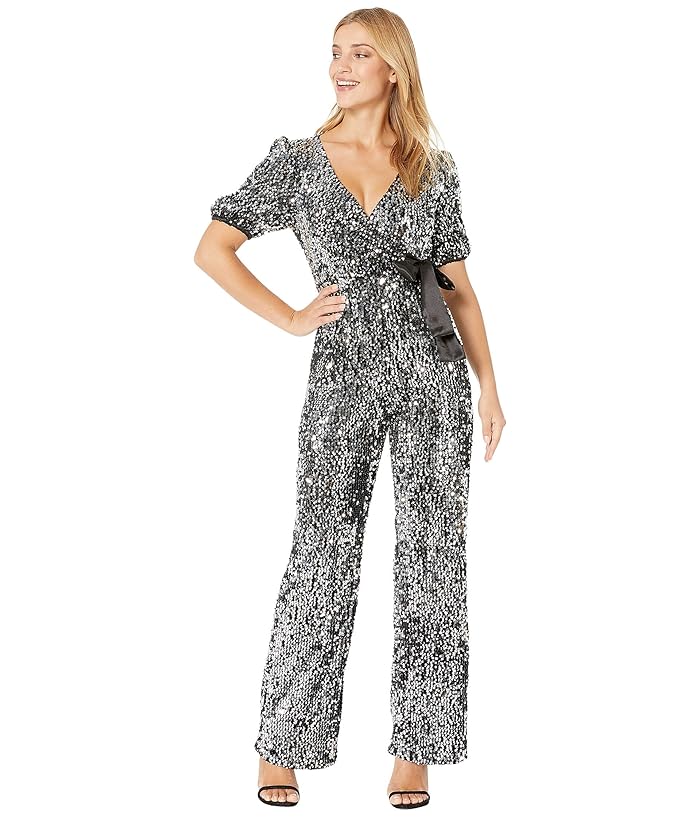Donna Morgan  Stretch Velvet Sequin Blouson Sleeve Faux Wrap with Satin Tie Jumpsuit (Silver/Black) Womens Jumpsuit and Rompers One Piece