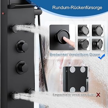 Tower Shower Panel with Mixer and Shelf, 5-Mode Shower Column LED Rain & Mist Shower, 4 Wide Angle Adjustable Massage Jets, Handset and Waterfall Bath Spout, Stainless Steel Matt Black