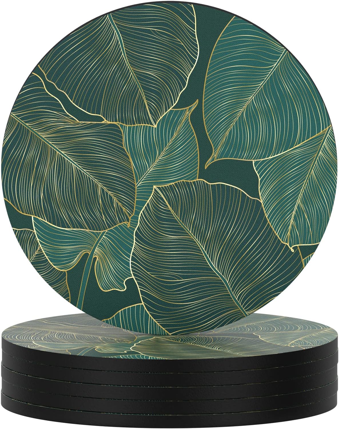 Nipichsha Coasters for Drinks, Set of 6 Cute Absorbent Rubber Drink Coasters for Cup with Non Slip Backing, Kitchen Home Decor Housewarming Gift, Round 4 in, Tropical Leaf