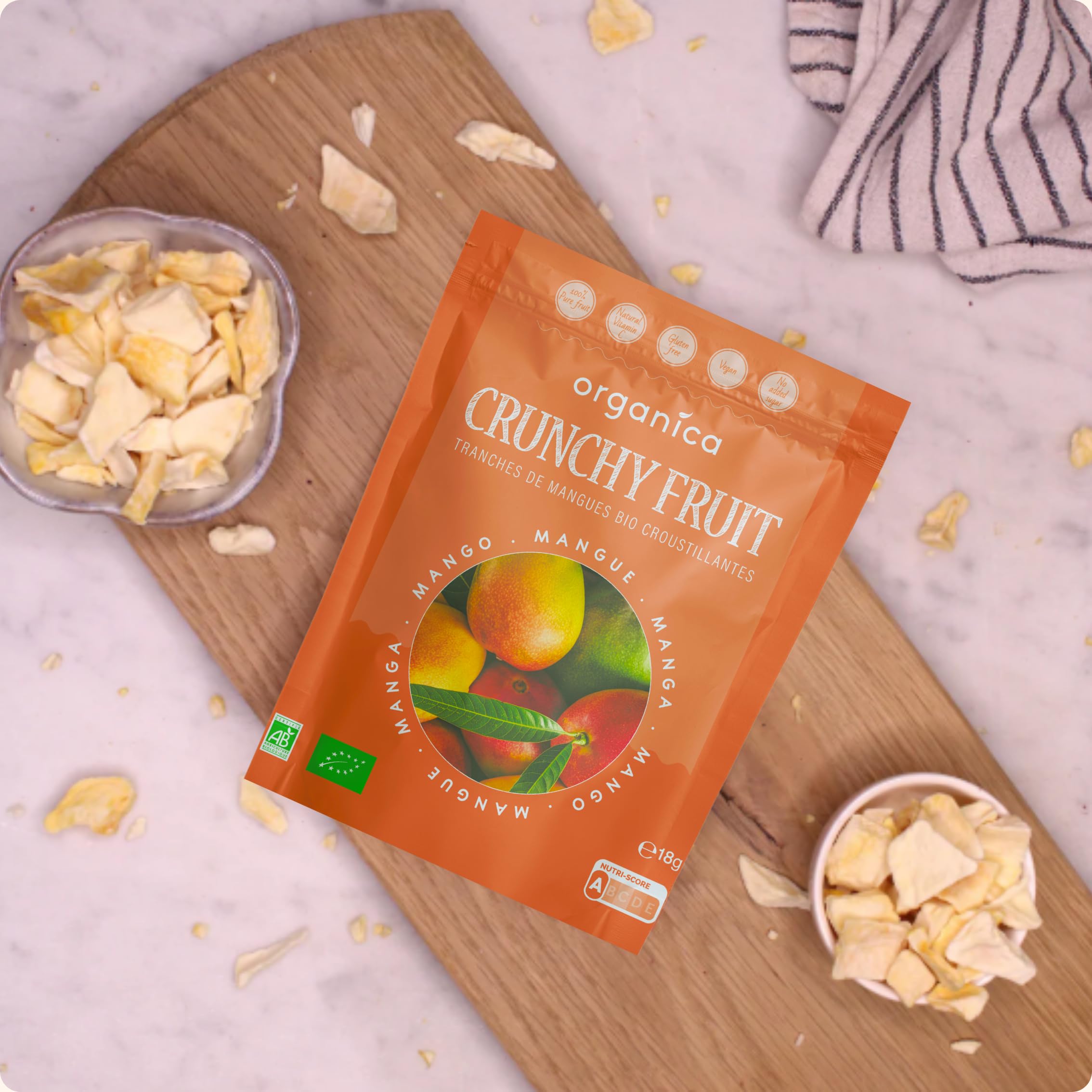 Organica Food Crunchy Mangues lyophilisées Bio 100% fruit – 5 sachets – Fruits lyophilisés snack croustillant vegan sans sucres ajoutés