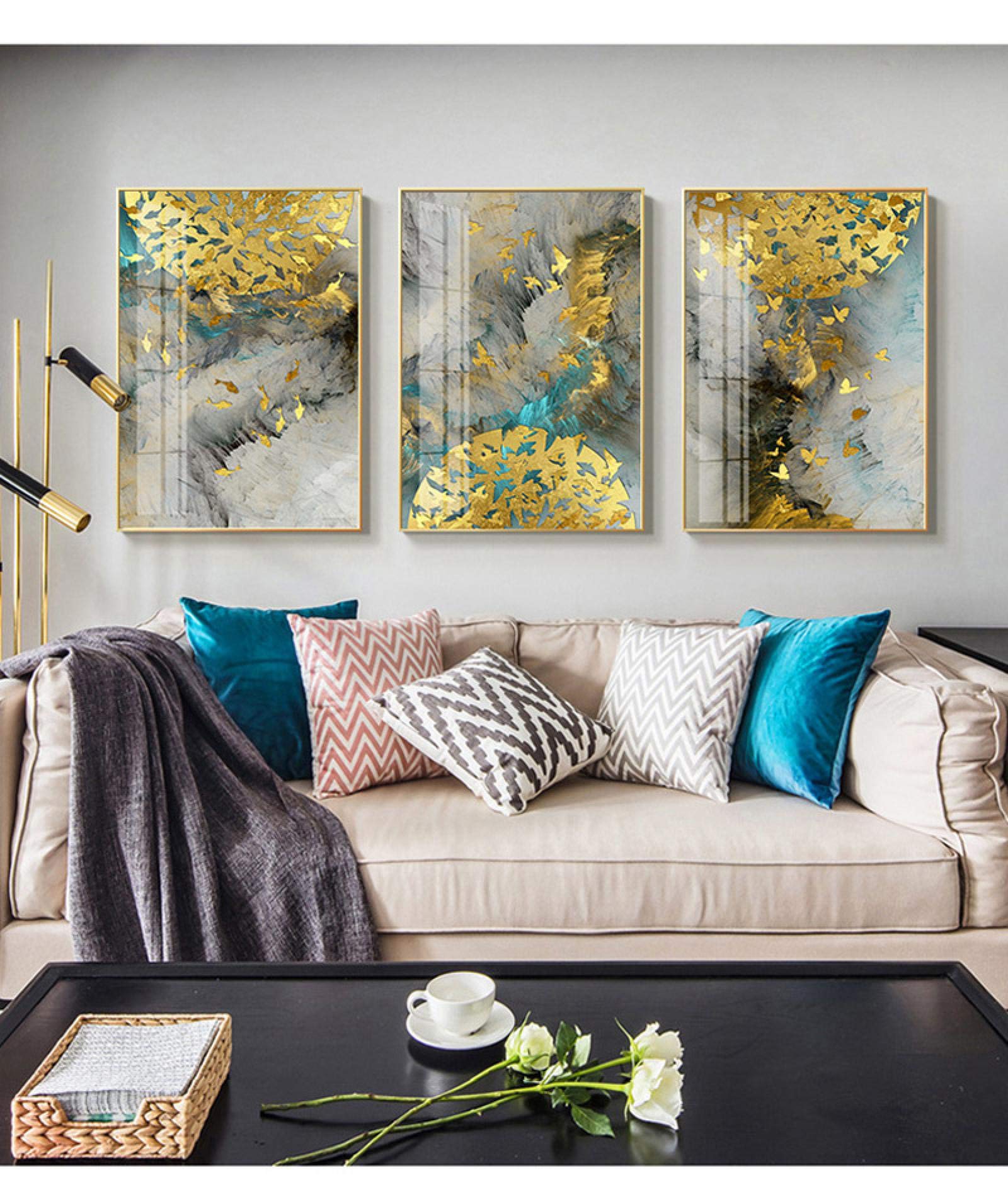 Tableaux grande affiche impression HD : triptyque abstrait oiseaux dorés 50x70 - 8
