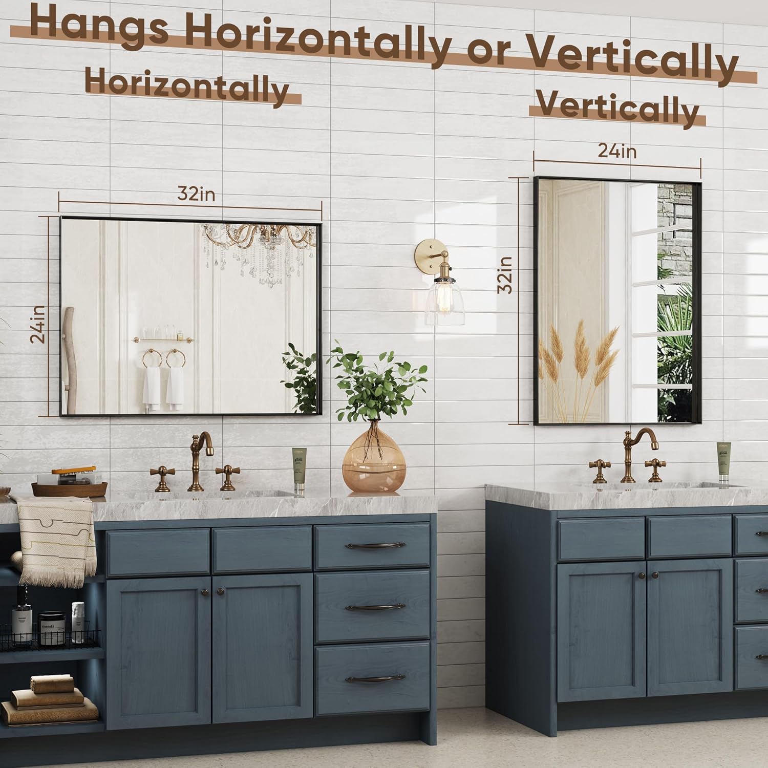 Black Bathroom Mirror 24x32 Inch, Rectangle Mirror with Metal Deep Frame, Wall Mirrors for Over Sink, Vanity, Bedroom, Bathroom, Hangs Horizontally or Vertically