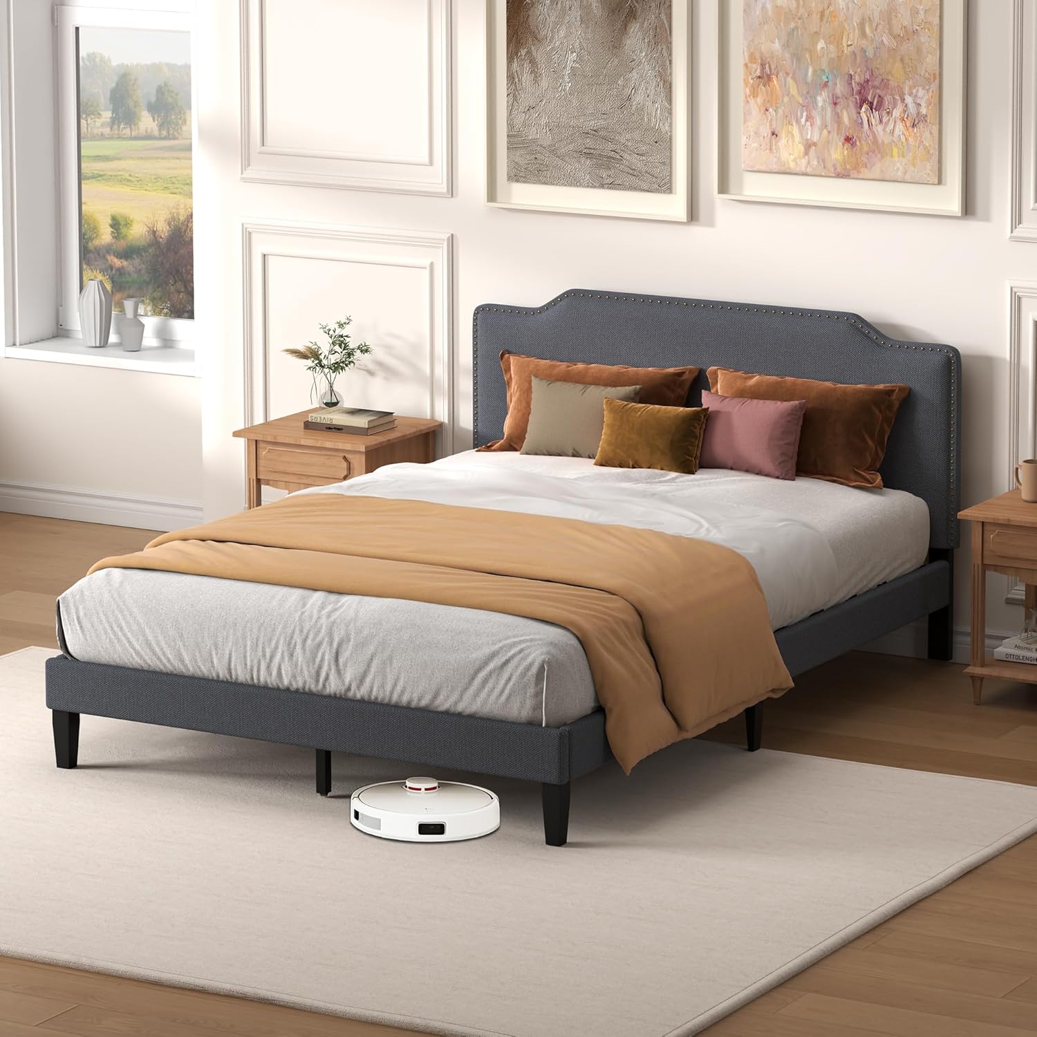 Queen Size Bed Frame with Upholstered Headboard, Platform Bed with Soft Linen Adjustable Headboard | Elegant Studded Design | Wooden Slats | No Box Spring Needed, Queen Bed Frame Dark Grey
