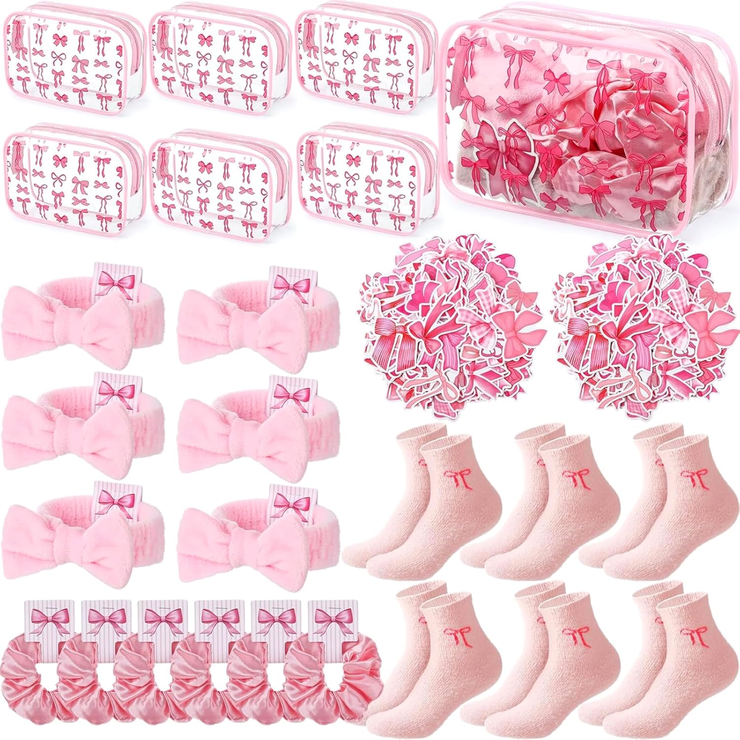 127 Pcs Pink Bows Sleepover Party Favor Supplies 6 Pink Coquette Preppy Makeup Bag 6 Hair Scrunchies Ties 6 Bow Socks 6 Headbands and Sticker for Women Bridal Shower
