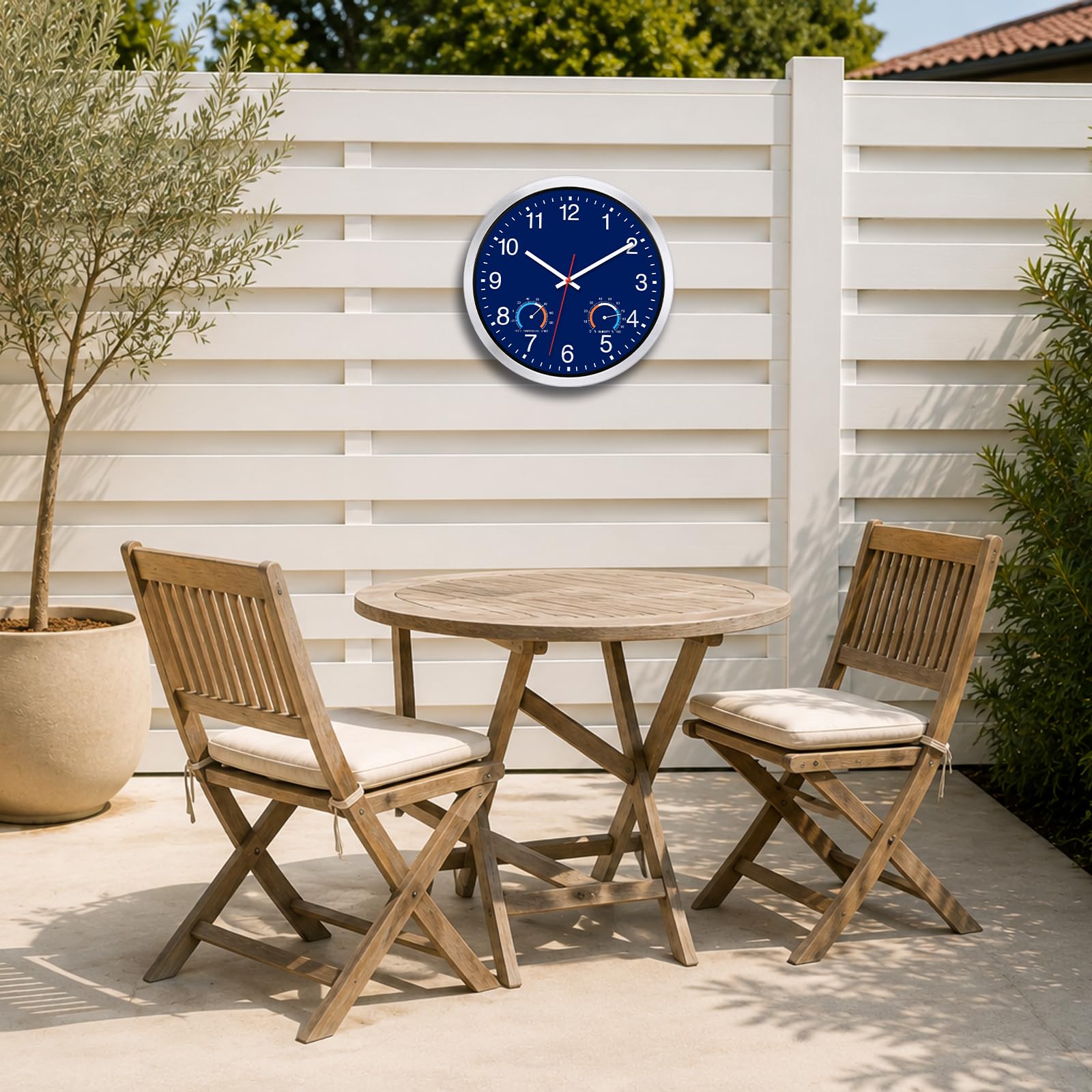 Caysie Horloges murales étanches en métal à quartz pour intérieur et extérieur - 30,5 cm - Avec thermomètre et hygromètre - Fonctionnement à piles - Pour terrasse, piscine, salle de bain, maison (bleu