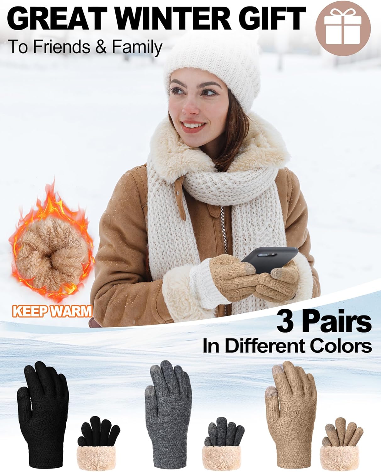 Haysandy 3 Pairs Winter Fleece Lined Gloves for Women Warm Thick Touchscreen Gloves for Cold Weather Thermal Supplies - Image 5