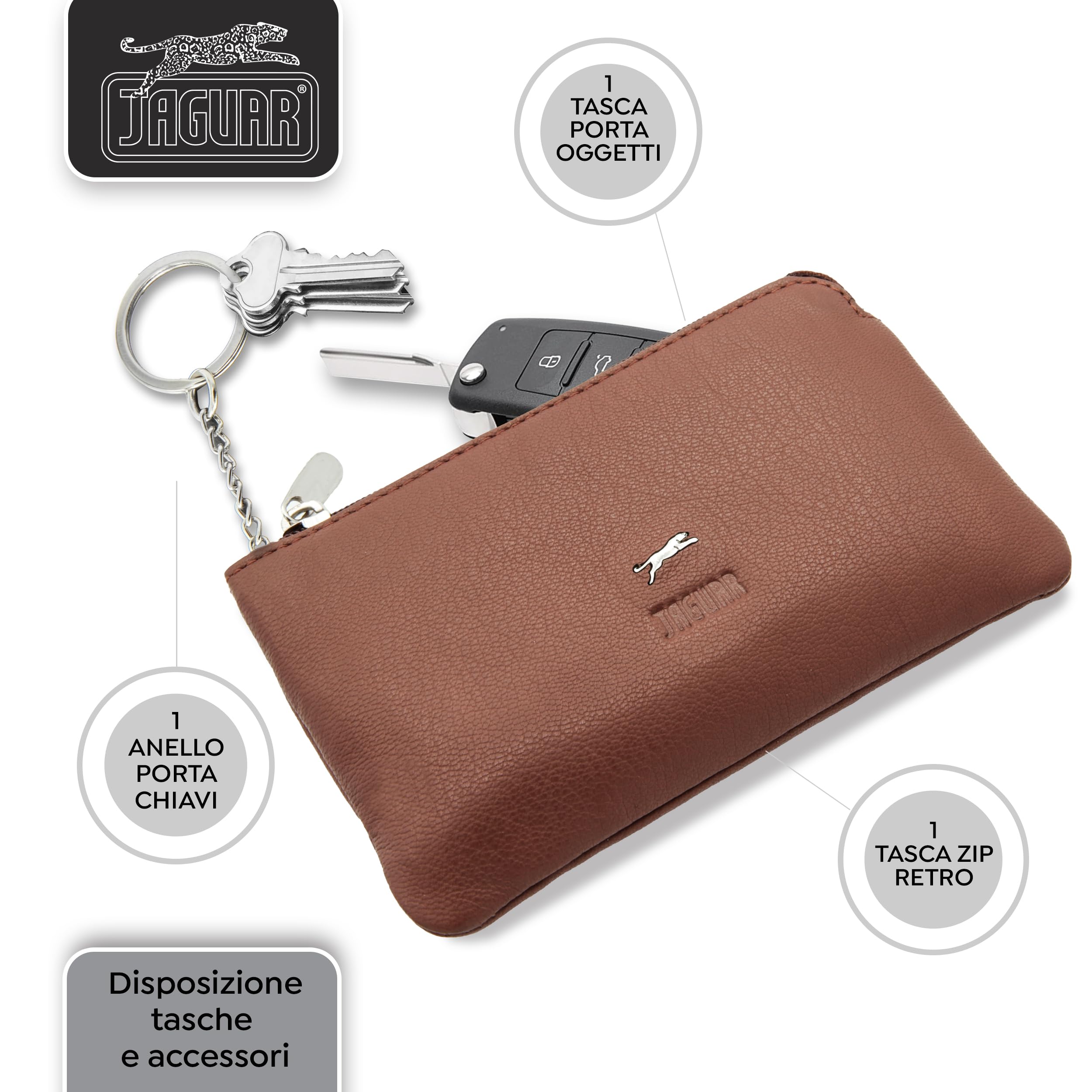 JAGUAR - Portachiavi Uomo, Portachiavi in Pelle Vera Dotato di 2 Cerniere per Riporre Vari Oggetti, Astuccio Borsellino 14x7,5x1cm Arriva in Scatola Firmata Adatta per Regali e Sorprese