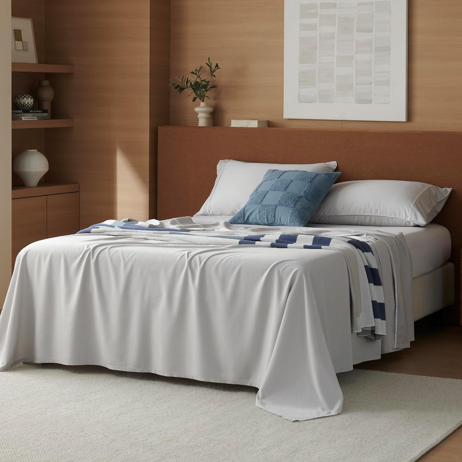 Double Stitch Cotton Tencel Sheet - Bed Sheets Set King Size, 4Pc Luxury Hotel Bedding Set, Soft, Cooling & Breathable for Hot Sleepers, Deep Pocket Up to 16 Inches, Winter Sky Contrast