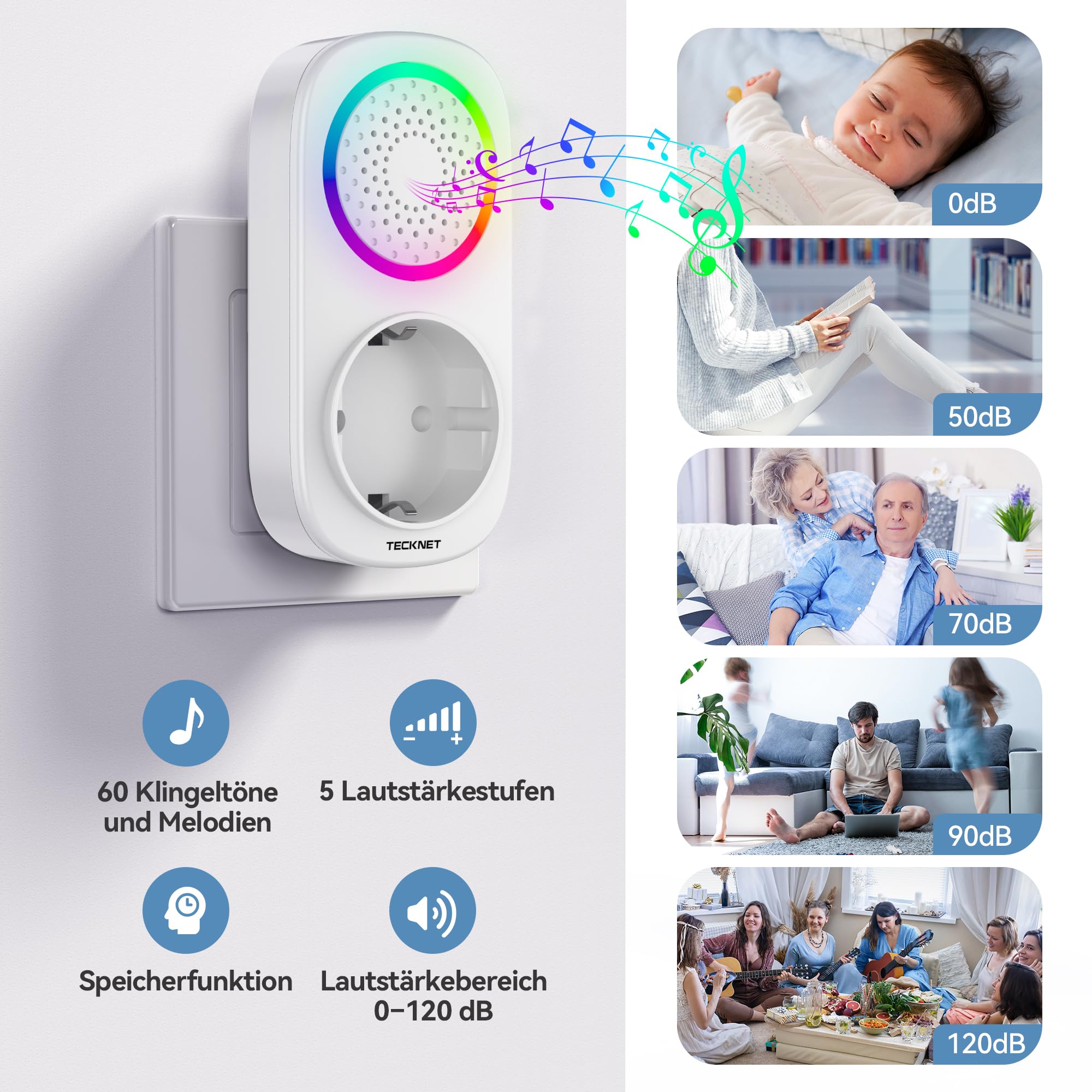 TECKNET Funkklingel Batterielose, IP65 Funkklingel aussen Wasserdicht, Haustürklingel mit Plug-In-Empfänger, Klingel Haustür Kit mit EU-Steckdose und RGB Licht, 5 Lautstärkestufen, 60 Melodien, 300m