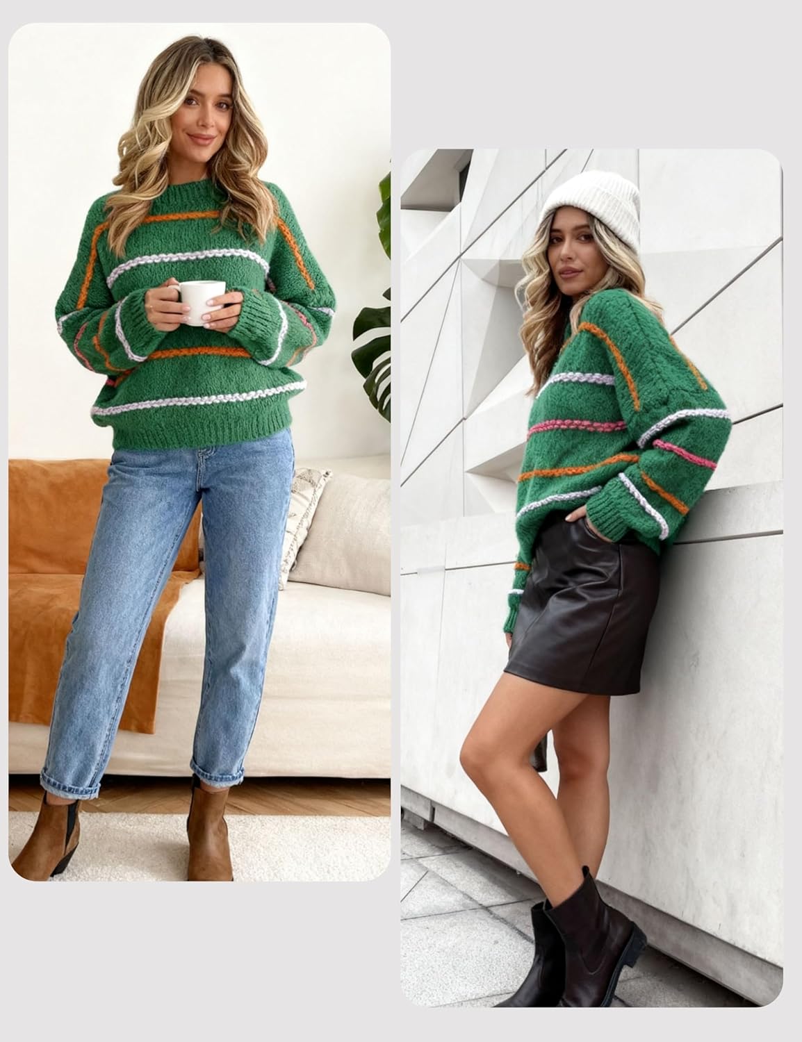 QIBABU Womens Striped Sweaters Casual Lantern Sleeve Color Block Knit Pullover Sweater Tops