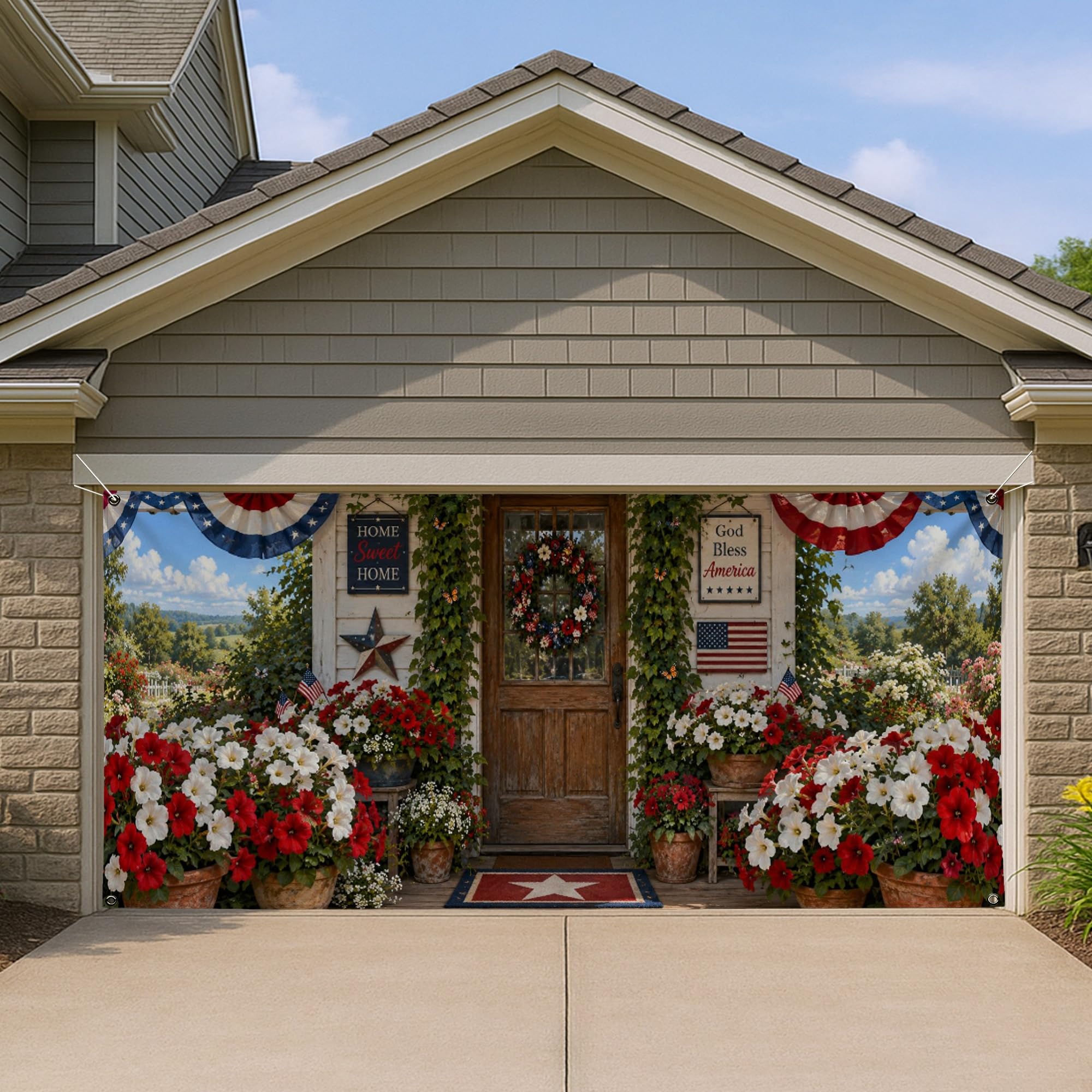 Bâche de porte de garage patriotique bleu blanc rouge pour fête de l'indépendance
