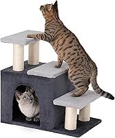 Aechonow 3-in-1 Cat Stairs for Small Dogs & Cats - Joint-Friendly Pet Steps with Condo Cave, Sisal Scratching Posts, Grey Medium