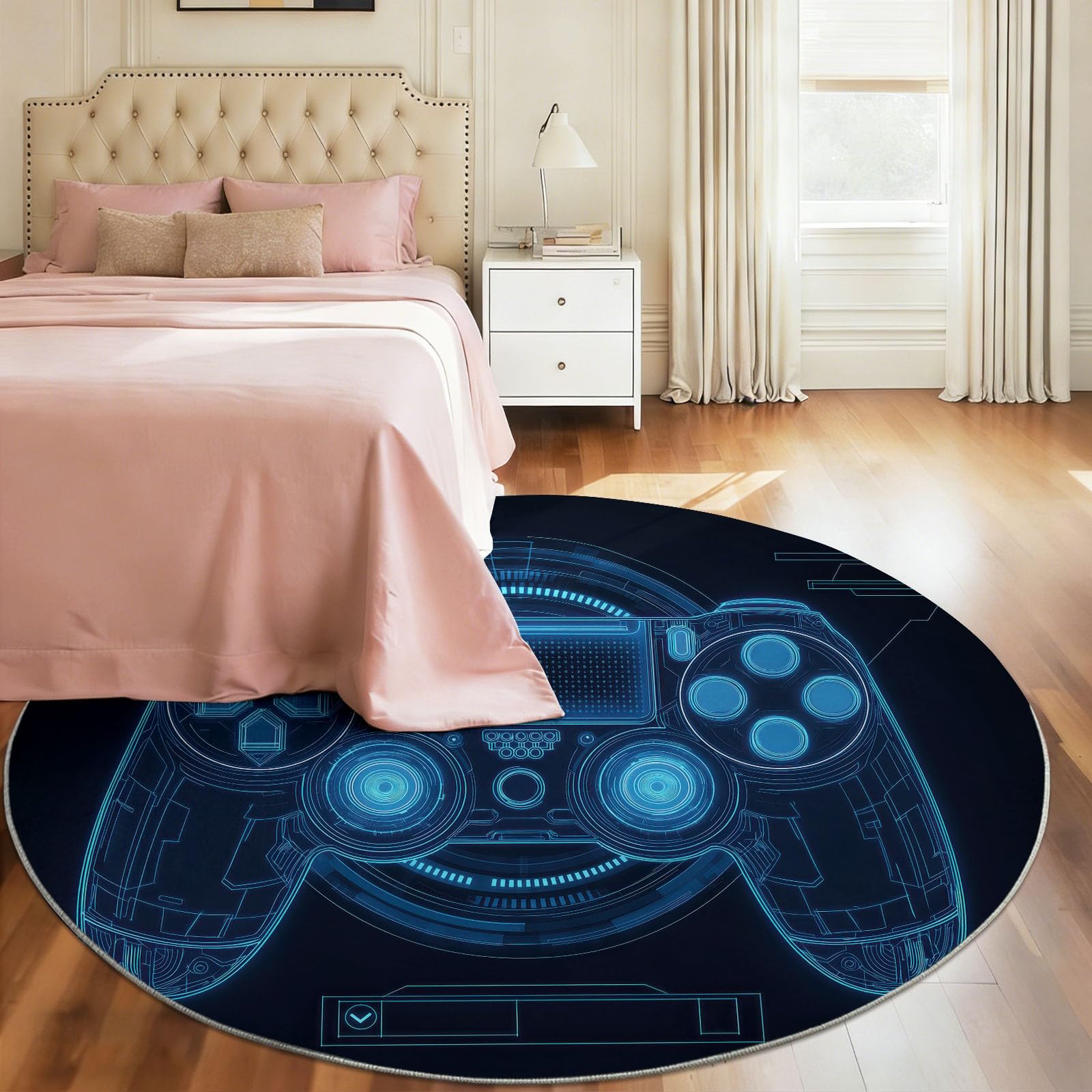 Generisch Teppich Rund 180 cm Gaming-Controller 3D-Effekt, Waschbar rutschfest Kurzflor, Bedruckter Runde Teppich für Schlafzimmer Kinderzimmer Wohnzimmer Gamer, Blau