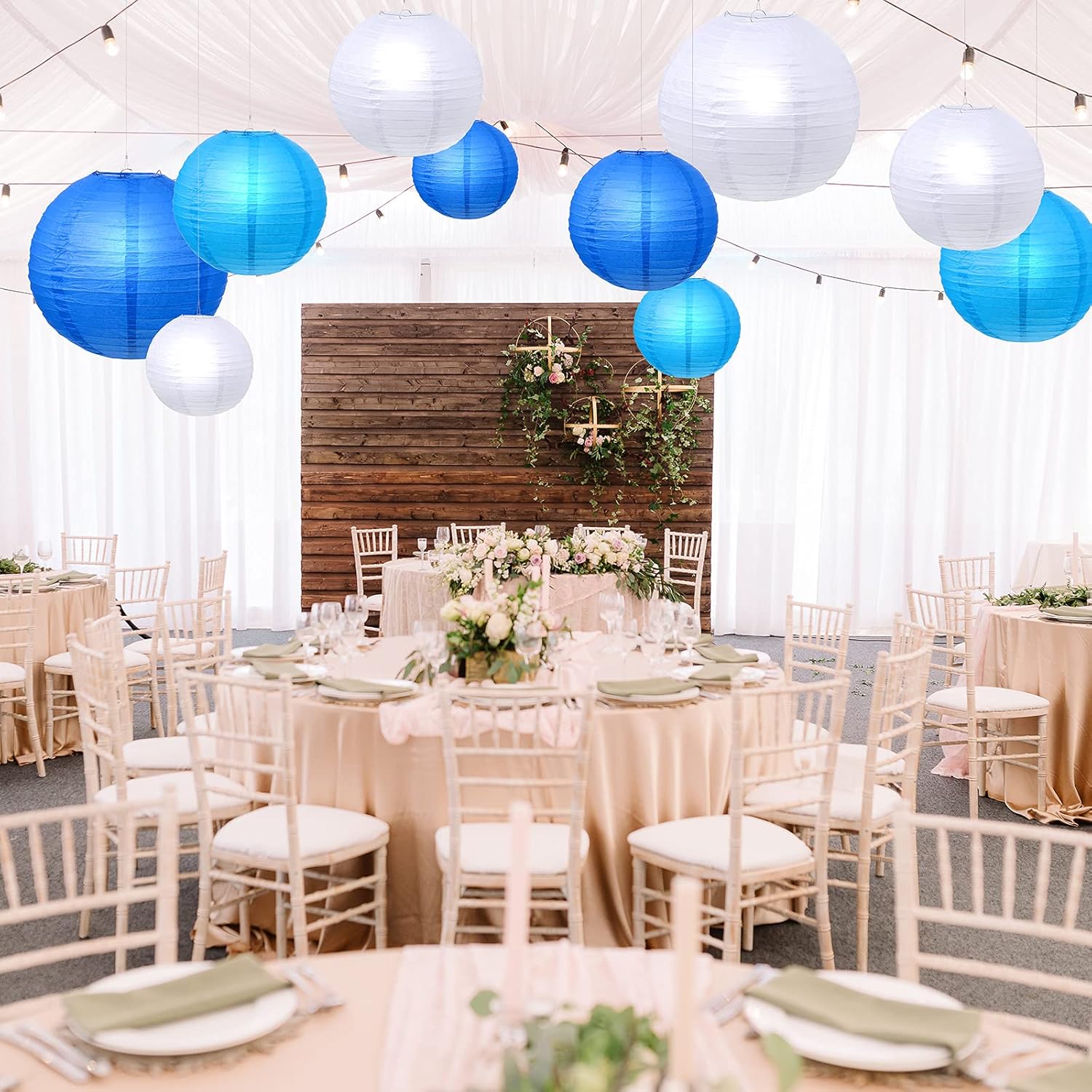 Pelopy 18 Pcs Paper Lanterns 4/6/8/12 Inches Round Chinese Japanese Paper Lanterns for Indoor New Year Valentine's Day Wedding Birthday Party Decorations(Dark Blue, Blue, White,4/6/ 8/12 Inch)