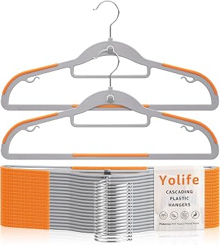 Yolife Cascading Plastic Clothes Hangers 10 Pack with Inner Hook for Vertical Storage, Slim Space Saving Hangers with Non-Slip Pads, 360 Swivel Metal Hook, Versatile, Gray & Orange