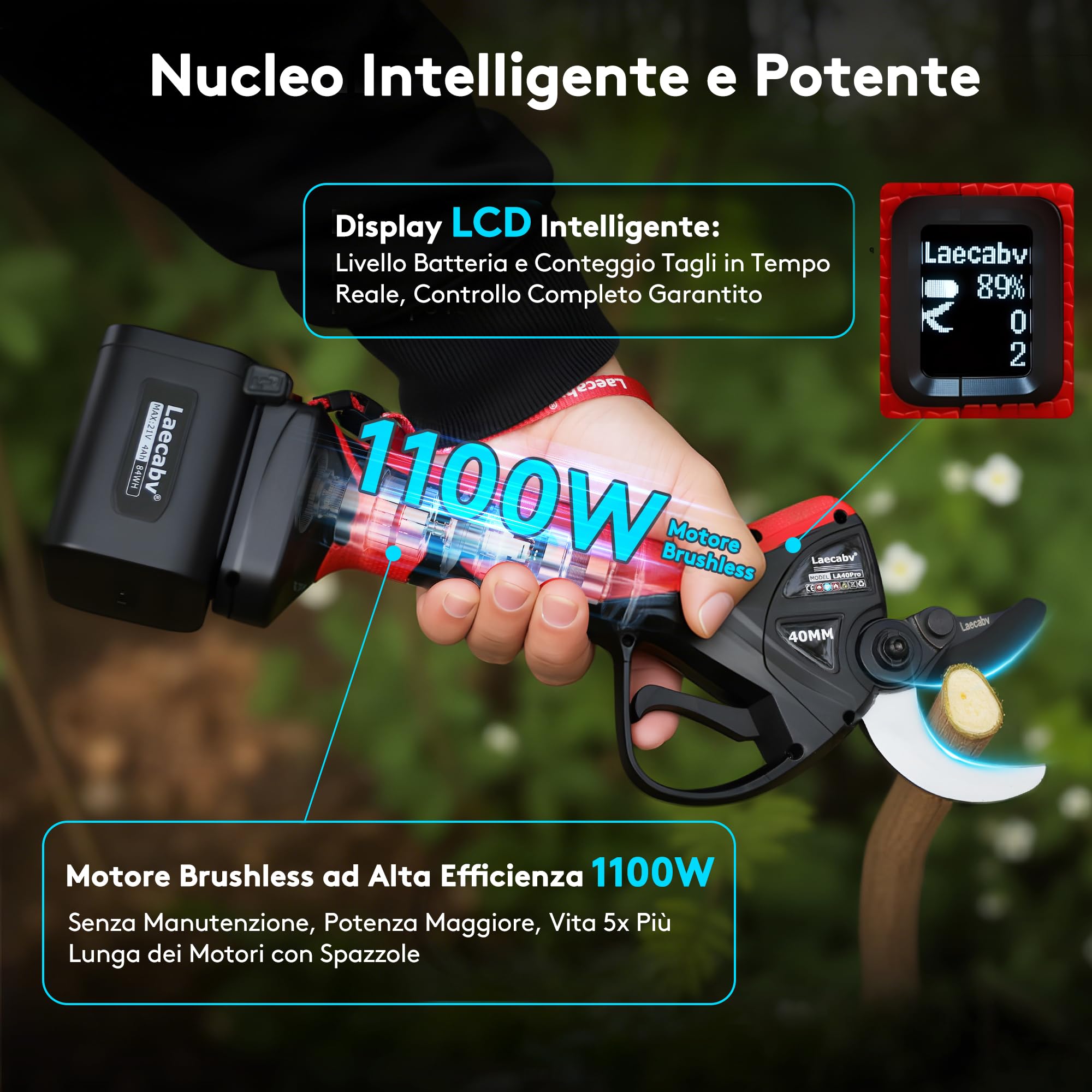 Laecabv Forbici Potatura a Batteria Professionali LA40Pro, 40mm Taglio Progressivo, Lama SK5 Teflon, Display LCD, 2x4.0Ah Batterie (12h), Cesoie Elettriche con Fodero per Olivi e Vigneto