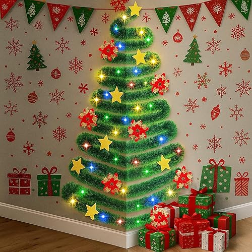 Wall Christmas Tree with String Lights 33 ft Christmas Wreath