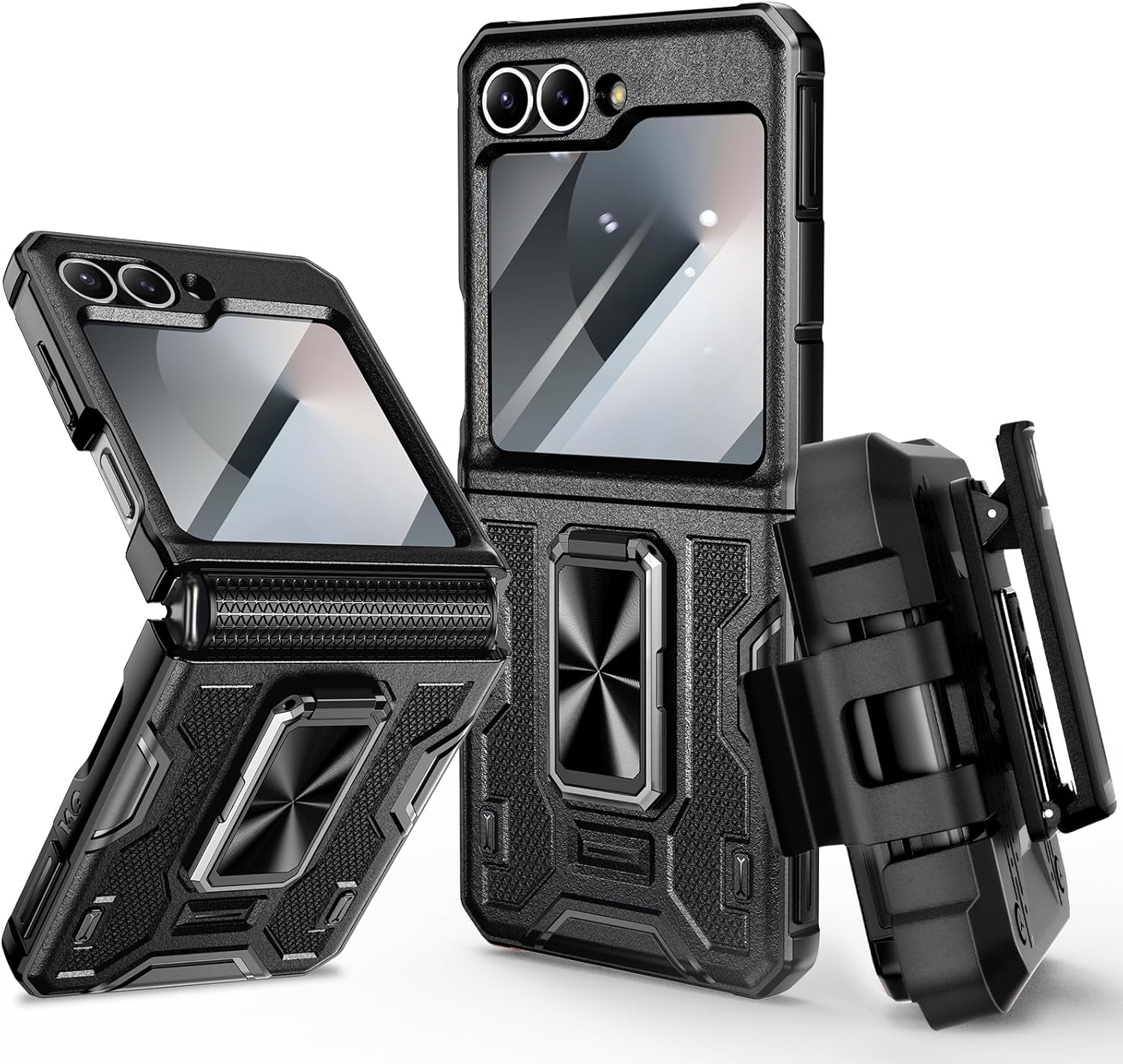 VEGO for Galaxy Z Flip 6 Case, 360° Rotatable Ring Kickstand & Belt Clip Holster & Tempered Glass Camera Screen Protector & Hinge Protection, Shockproof Case for Samsung Flip 6 5G - Black