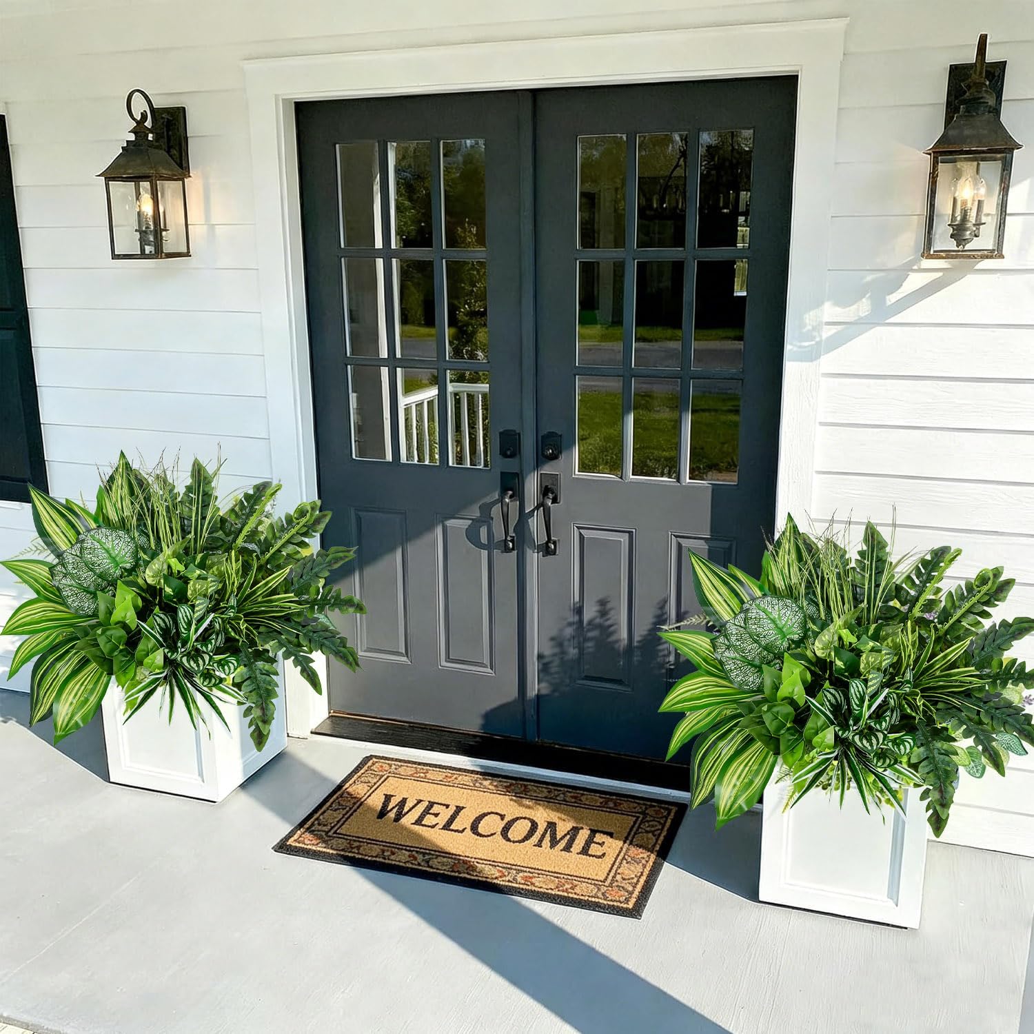 12 Bundles Large Outdoor Artificial Plants UV Resistant Fake Greenery Stems Faux Plastic Leaves Bushes for Front Porch Outside Patio Garden Yard Home Decor