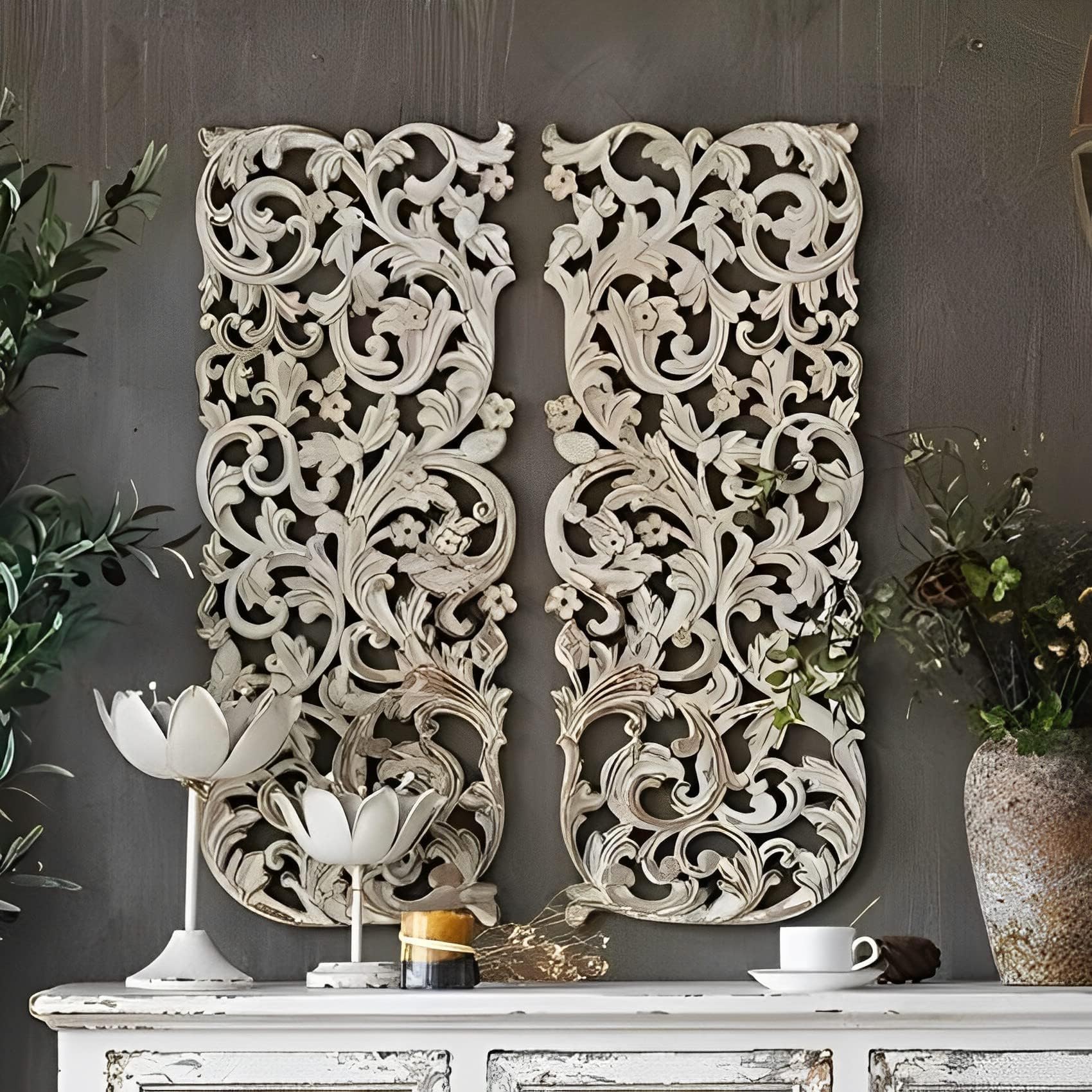 VAS Collection Home Floral MDF Wall Decoration Panel, Wall Decoration Hanging, Wood Carving Wall Decoration Panel for Living Room, Bedroom, Hallway, Office (12"Inch X 27"Inch, White Antique) -Set of 2 DISTRESS FINISH