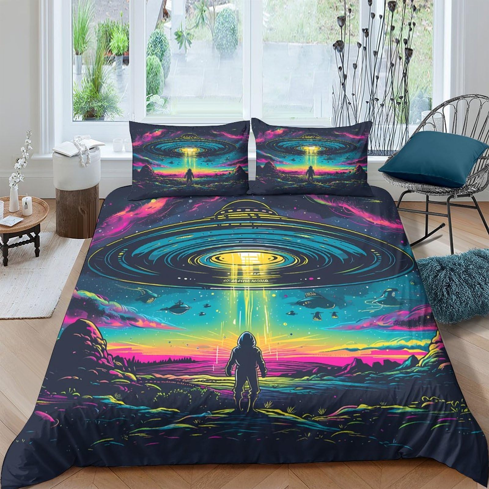 Ctjqhvkz Style-8 3D Printed Alien Abduction Fitted Sheet Microfiber Soft Breathable Neon Ufo Mattress Cover For Bedroom Dorm Decor Single（135X200cm）