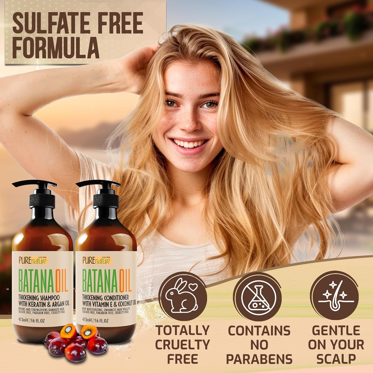 Batana Oil Shampoo and Conditioner Set - Thickening, Sulfate Free Formula for Women and Men - Volumizing, Moisturizing, Professional Salon Care Products for Fine, Thinning Hair - 16 Fl Oz (Pack of 2) - Image 3