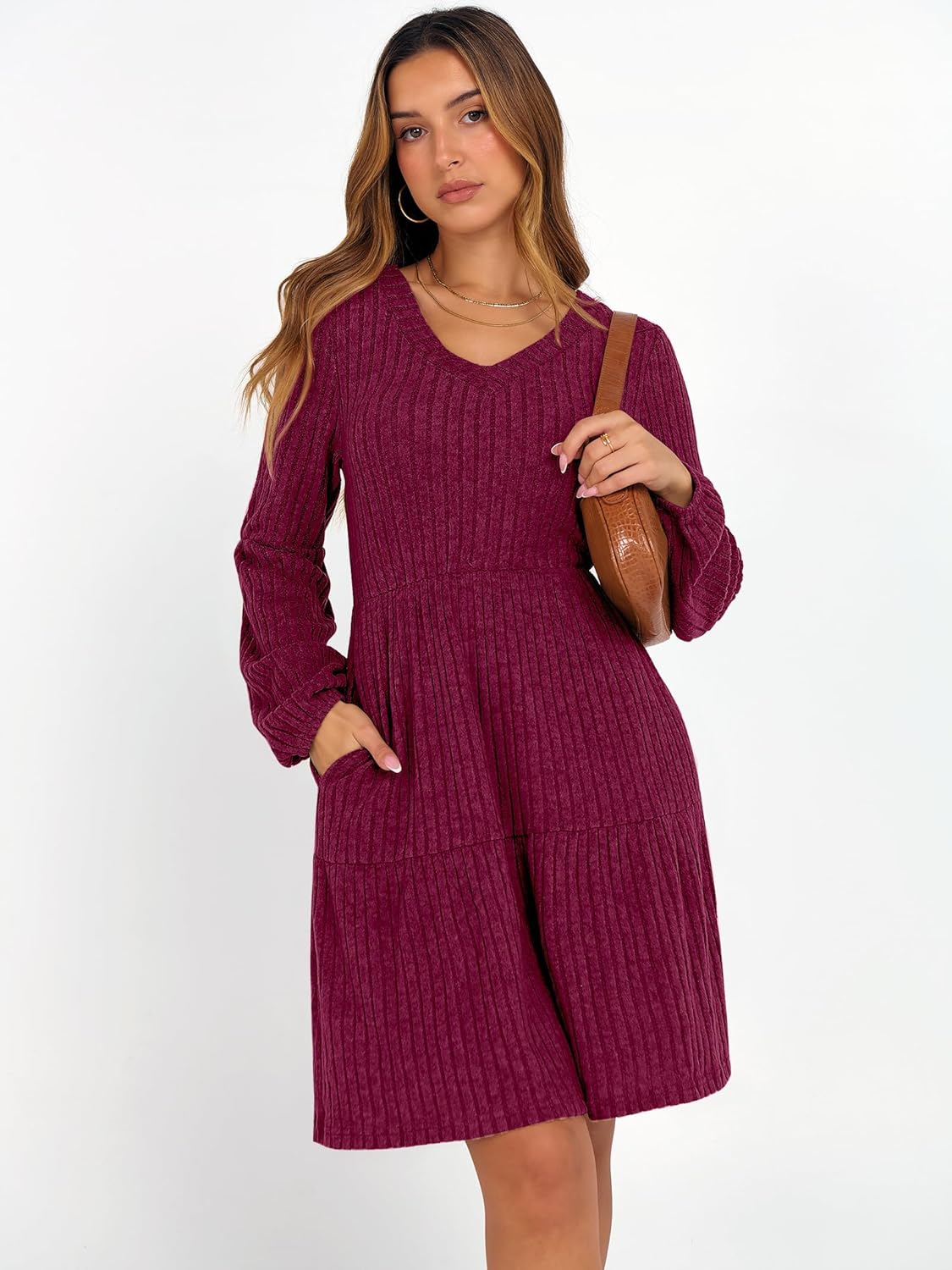 ANRABESS Women's Long Lantern Sleeve Ribbed Knit Dresses V Neck Casual 2025 Fall Winter Flowy Swing Tunic Sweater Short Dress - Image 2