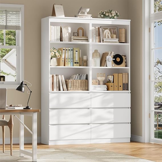 FirFurd Bookcase Bookshelf with Drawers 180cm Tall Storage Cabinet White | 6 Tiers Book Shelf Freestanding, Display Cabinet with Open Shelves for Living Room Dining Room, Wooden Storage Cupboard Unit