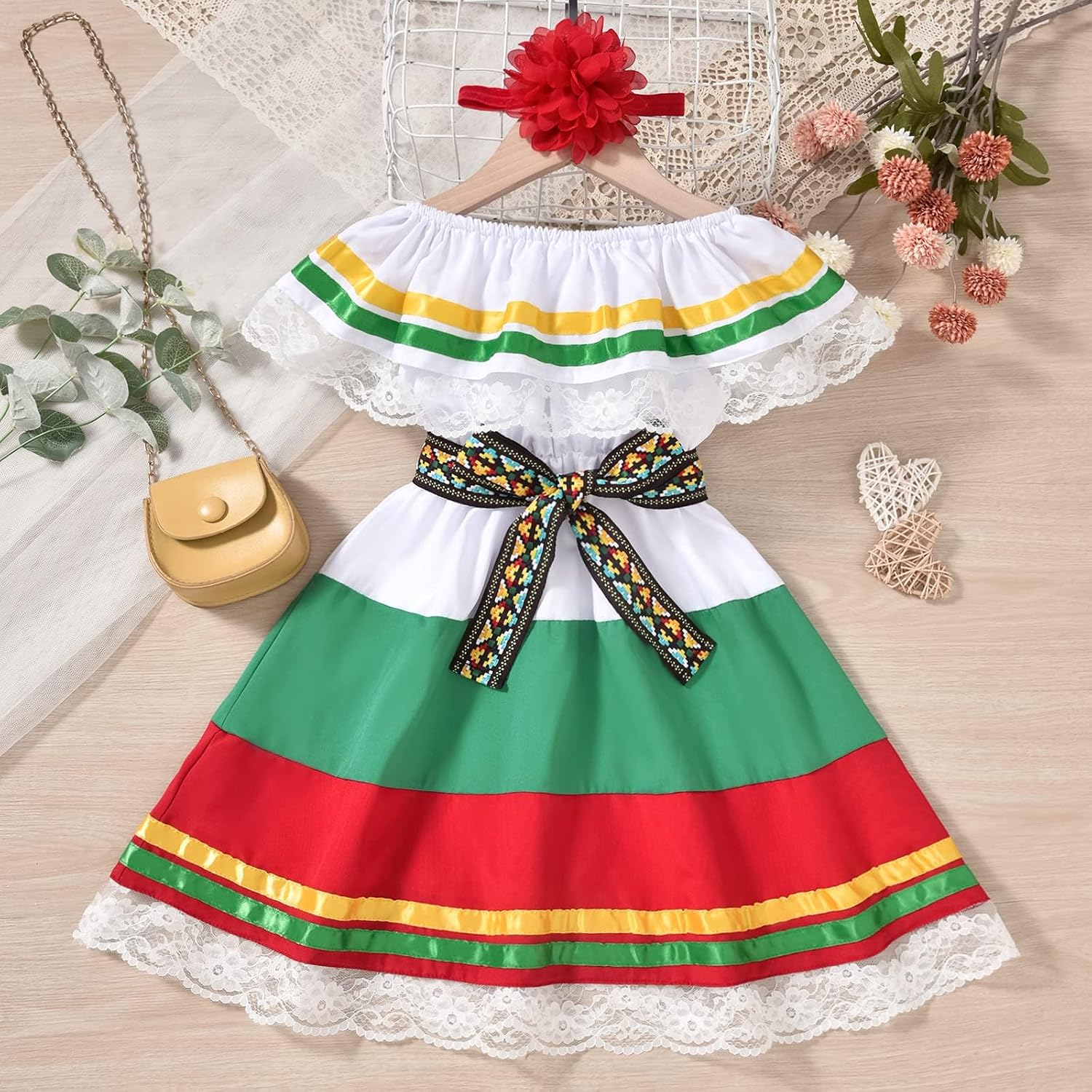 fioukiay Toddler Girls Mexican Dress Little Girl Off Shoulder Bowknot Traditional Color Block Dresses
