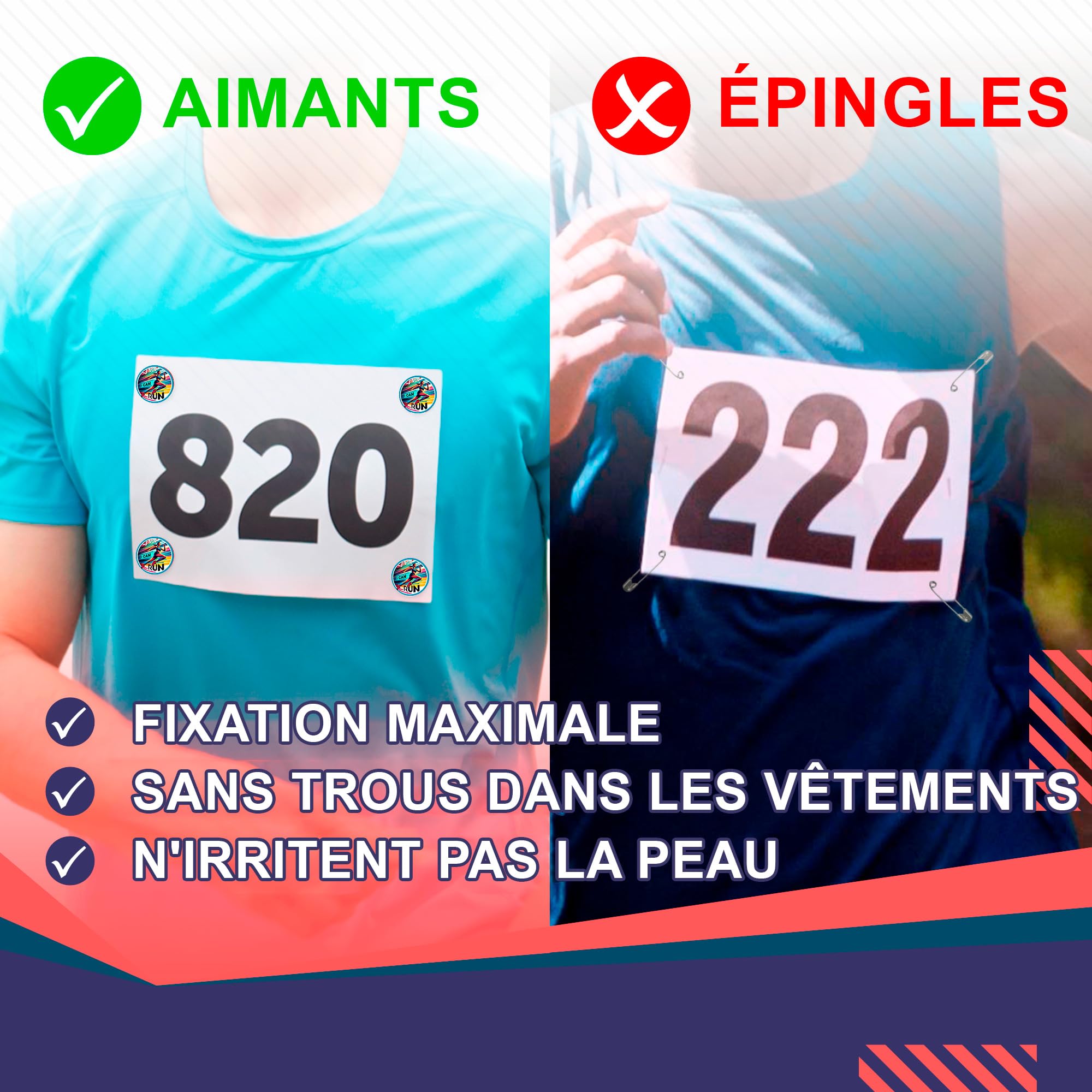 Porte-dossard Aimant Running - Pack 4 Aimants Dossards Triathlon, Fixation Haute Résistance, Porte Dossard Trail, Running Femme Accessoire avec Designs (I Can Run)