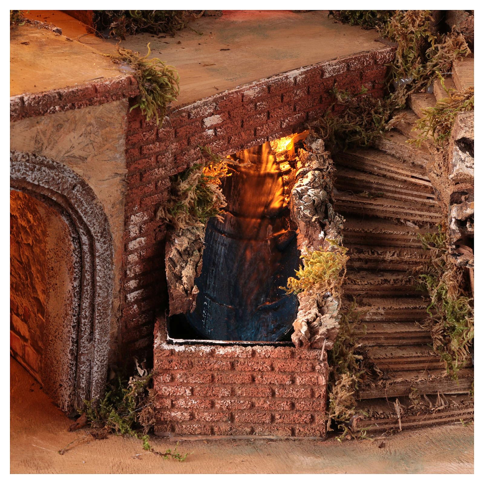 Village Pour Crèche Napolitaine Avec Fontaine Et Lumières - Décor Bois Et Liège 35x30x30 Cm - Pompe à Eau Intégrée