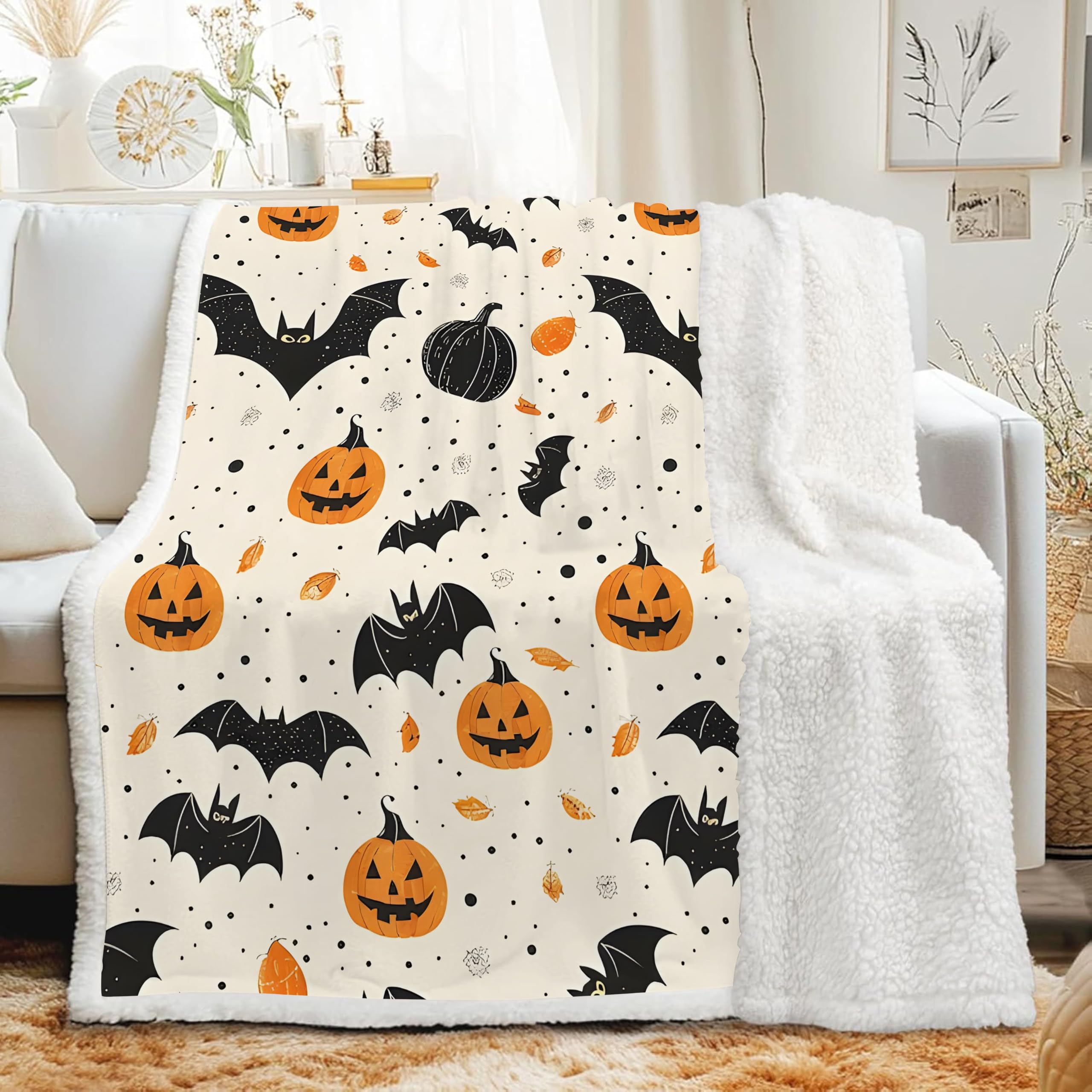 Plaid polaire Halloween 120x200 cm à motif chauve-souris et citrouille G-480