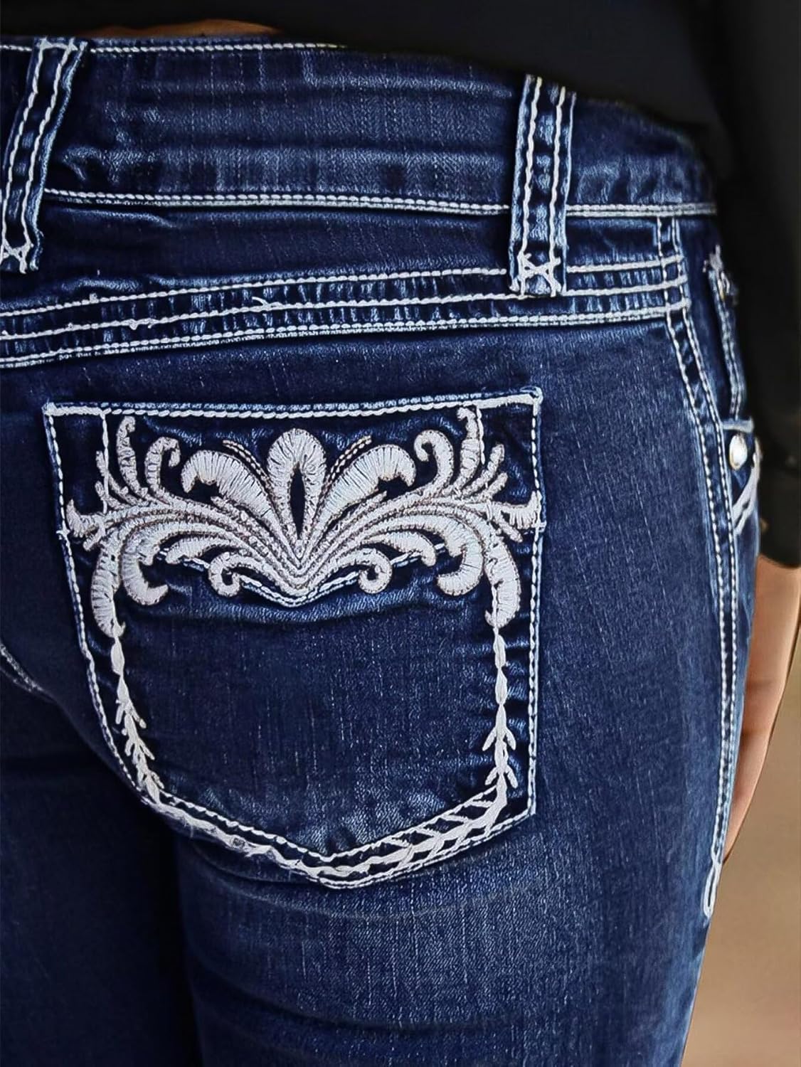 Flamingals Mid Waist Boot Cut Jeans for Women Stretchy Trendy Embroidered Butt Lifting Flare Denim Jeans - Image 5