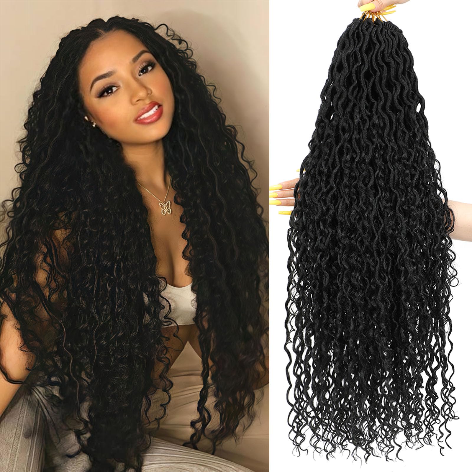 Col Bling Goddess Locs Crochet Hair 30 Inch, 8 Packs Faux Locs Crochet Hair Pre Looped for Women, Boho Crochet Locs with Curly Ends (30 Inch 1B)