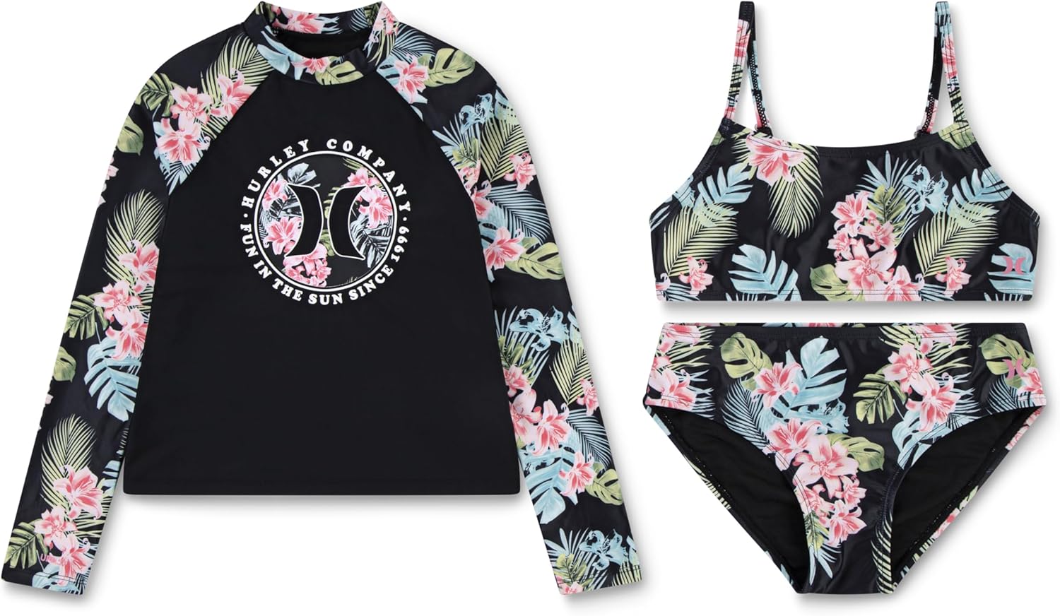 Hurley Girls' Long Sleeve Rash Guard and Bikini 3-piece Swimsuit