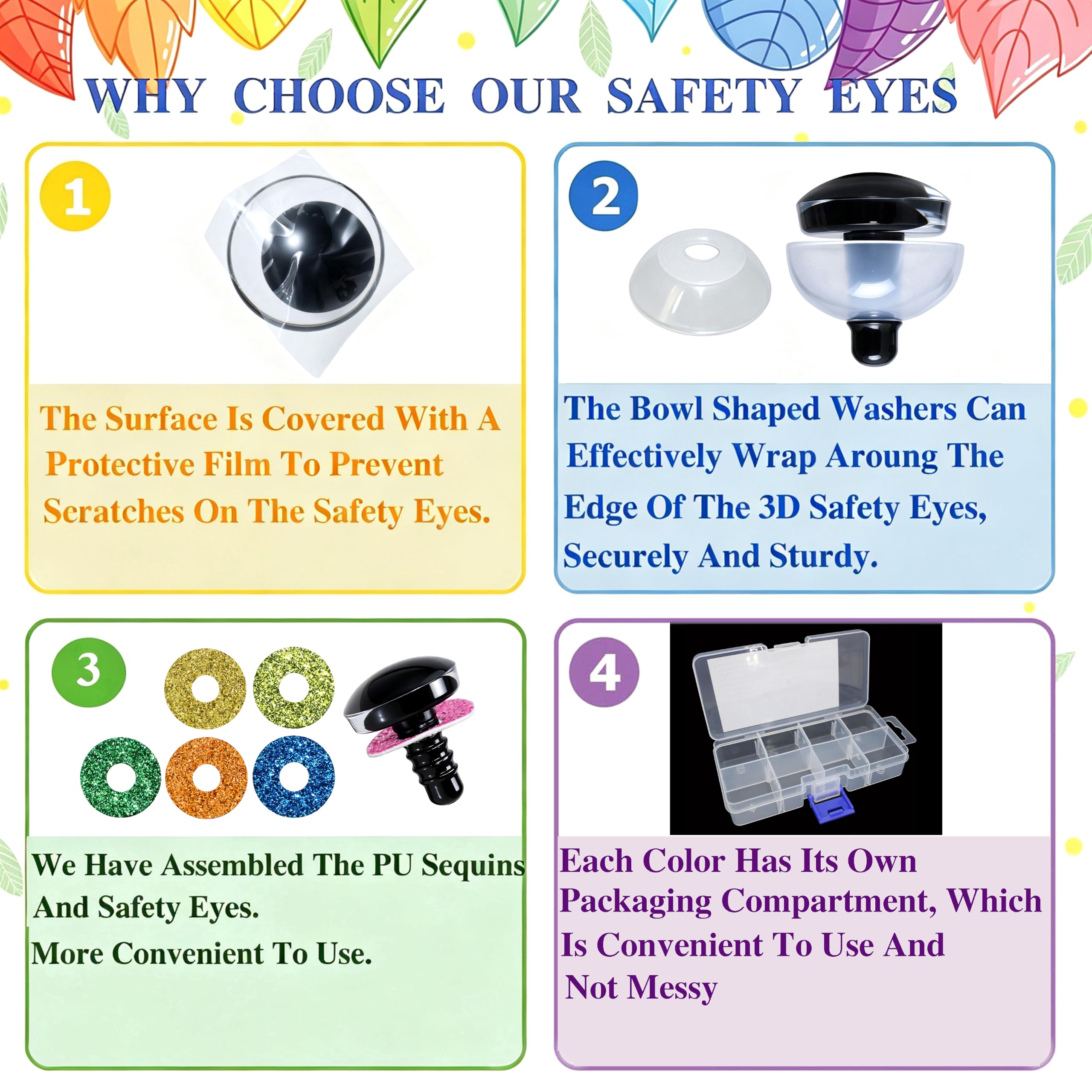 96 Ojos y Arandelas de Seguridad con Purpurina 3D para Ganchillo amigurumi, 8 Colores, Ojos de Seguridad para estrabismo, Ojos de Ganchillo para amigurumi, Manualidades, Suministros de