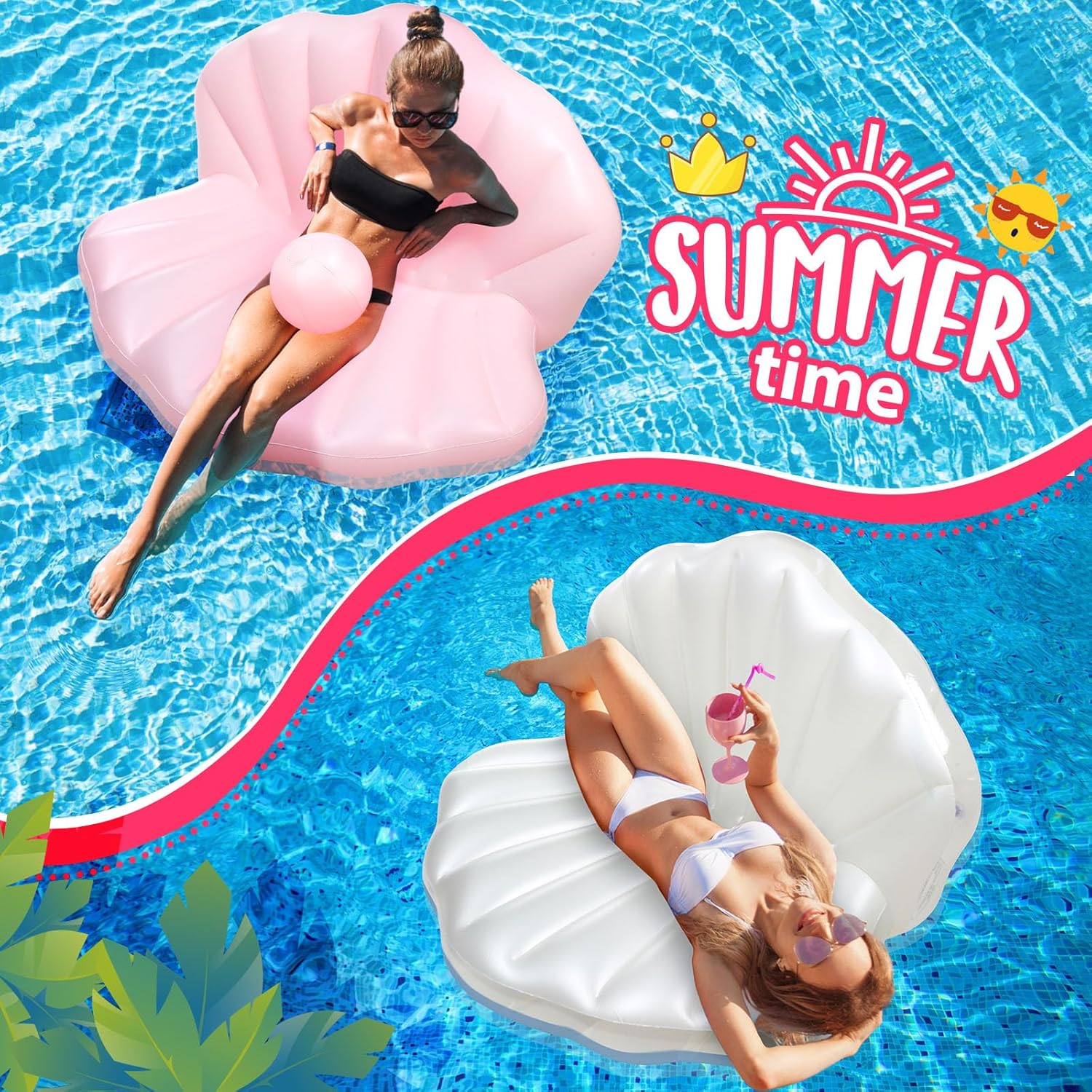 2 Pack 55 Inch Inflatable Seashell Pool Floats with Pearl Ball Birthday Cute Pool Lounge Floats for Adults Summer Beach Swimming Ocean Theme Party