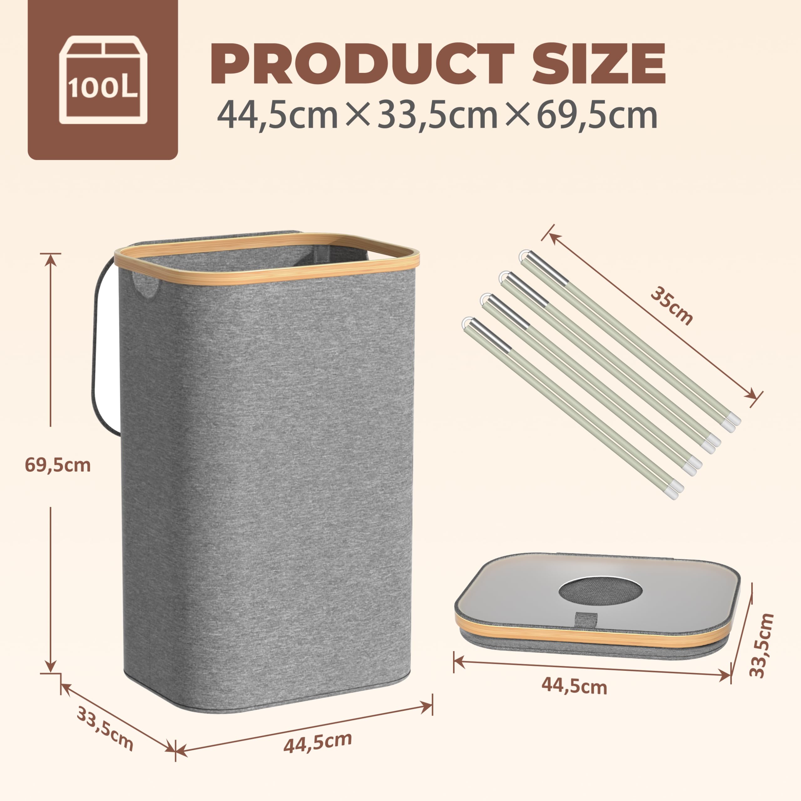 Returnable Bottle Container 100L Grå – Bottle Collector with 2 Transport Bags – Deposit Bottle Container Drop Hole – Bamboo Foldable