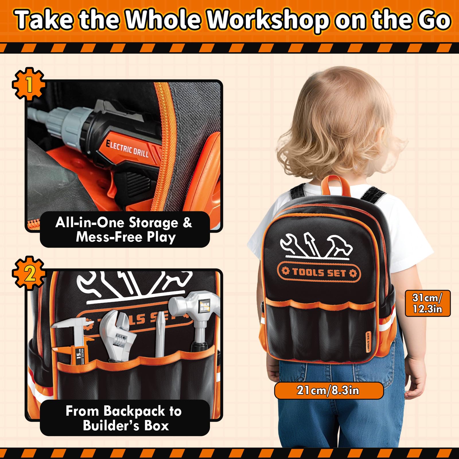 KidBloom 50 Pezzi Giochi Bimbo 3 Anni Attrezzi Giocattolo Bambini, Cassetta Attrezzi Bambini con Trapano Giocattolo, Regalo Bambino 3 4 5 Anni